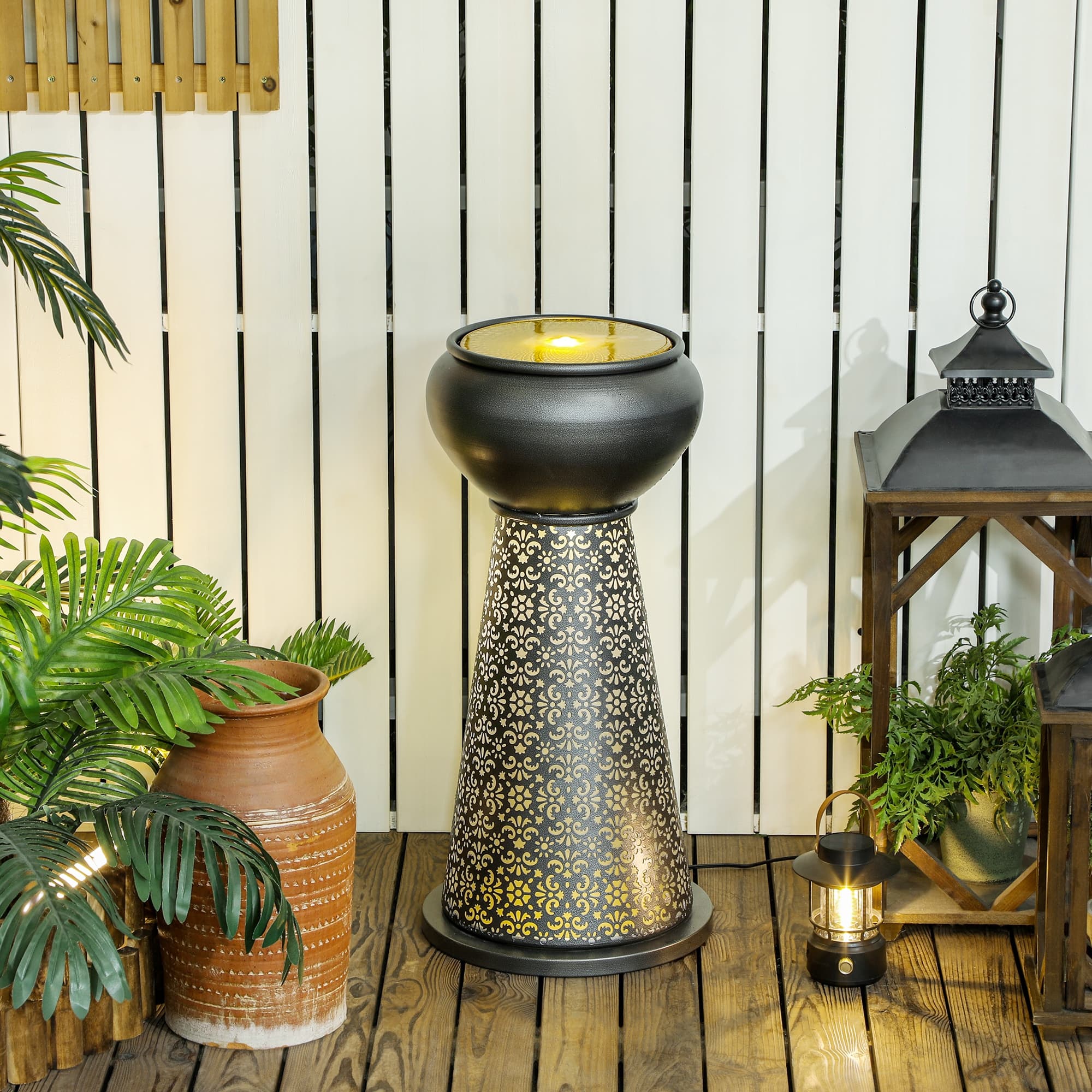 Outsunny 28" Tall Outdoor Water Fountain with LED Lights Outdoor Water Feature with Cut-out Floral Base, Dark Grey and Yellow | Aosom Canada