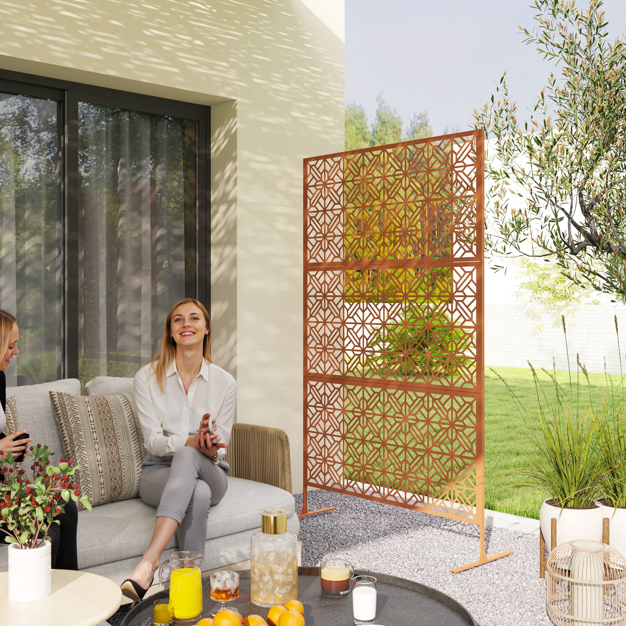 Outsunny Decorative Outdoor Privacy Panel with Stand, Freestanding Metal Outdoor Divider for Garden, Backyard, Deck, Brown | Aosom Canada