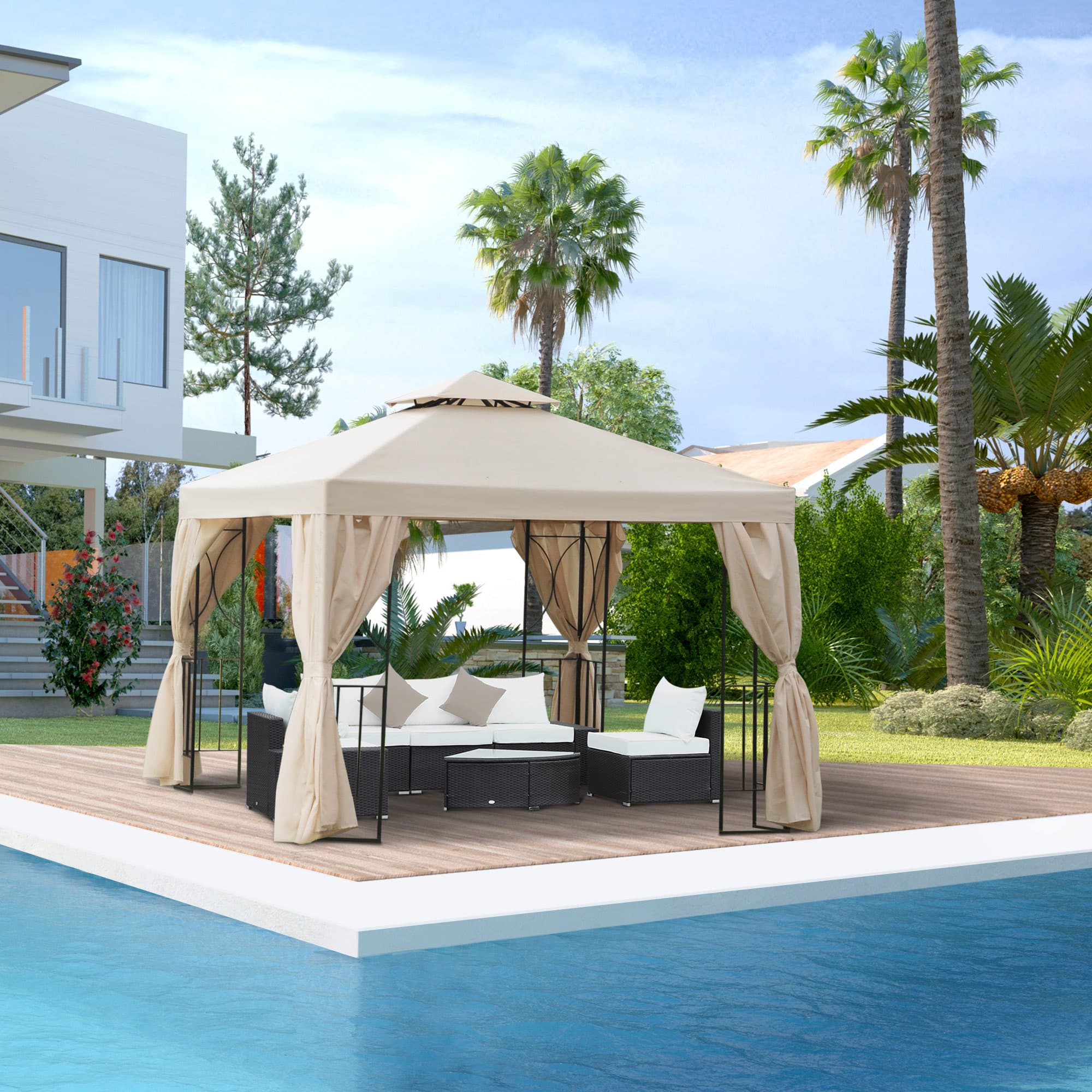 Outsunny 10'x10' Soft-top Patio Gazebo Canopy Shelter Backyard Tent with Double-tier Roof, Pavilion Sidewalls, Cream White | Aosom Canada