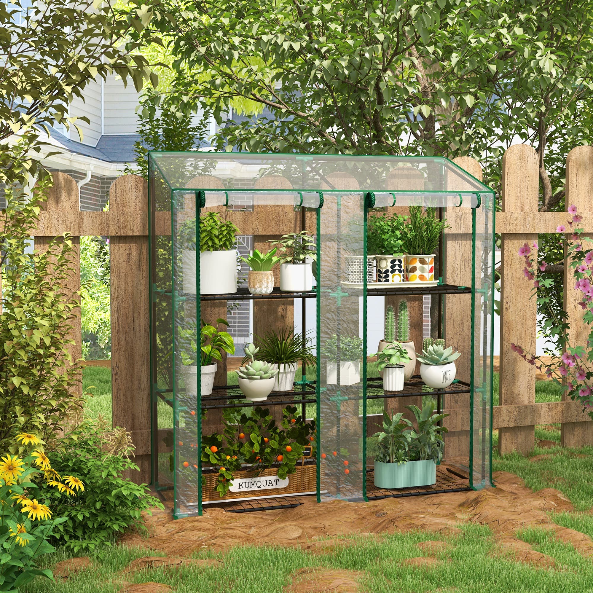 Outsunny Portable Mini Greenhouse Green House with 3 Tier Shelves, Reinforced Cover, Roll-up Doors, 56.3" x 18.1" x 59.4" | Aosom Canada