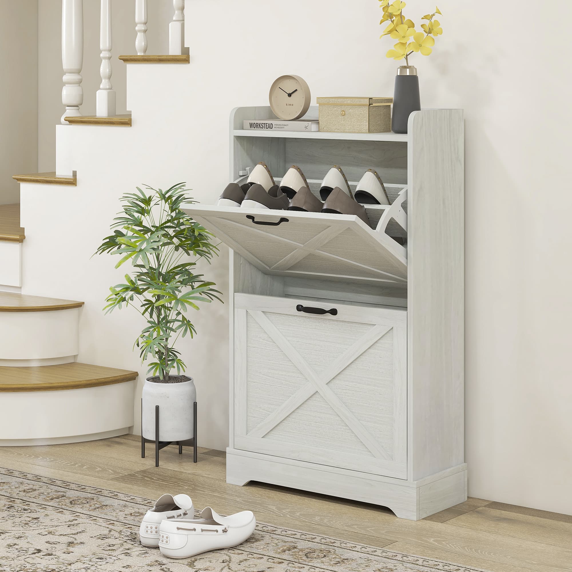 HOMCOM Slim Shoe Storage Cabinet, Farmhouse Shoe Cabinet with 2 Flip Drawers, Adjustable Shelves for 8 Pairs, Distressed White | Aosom Canada