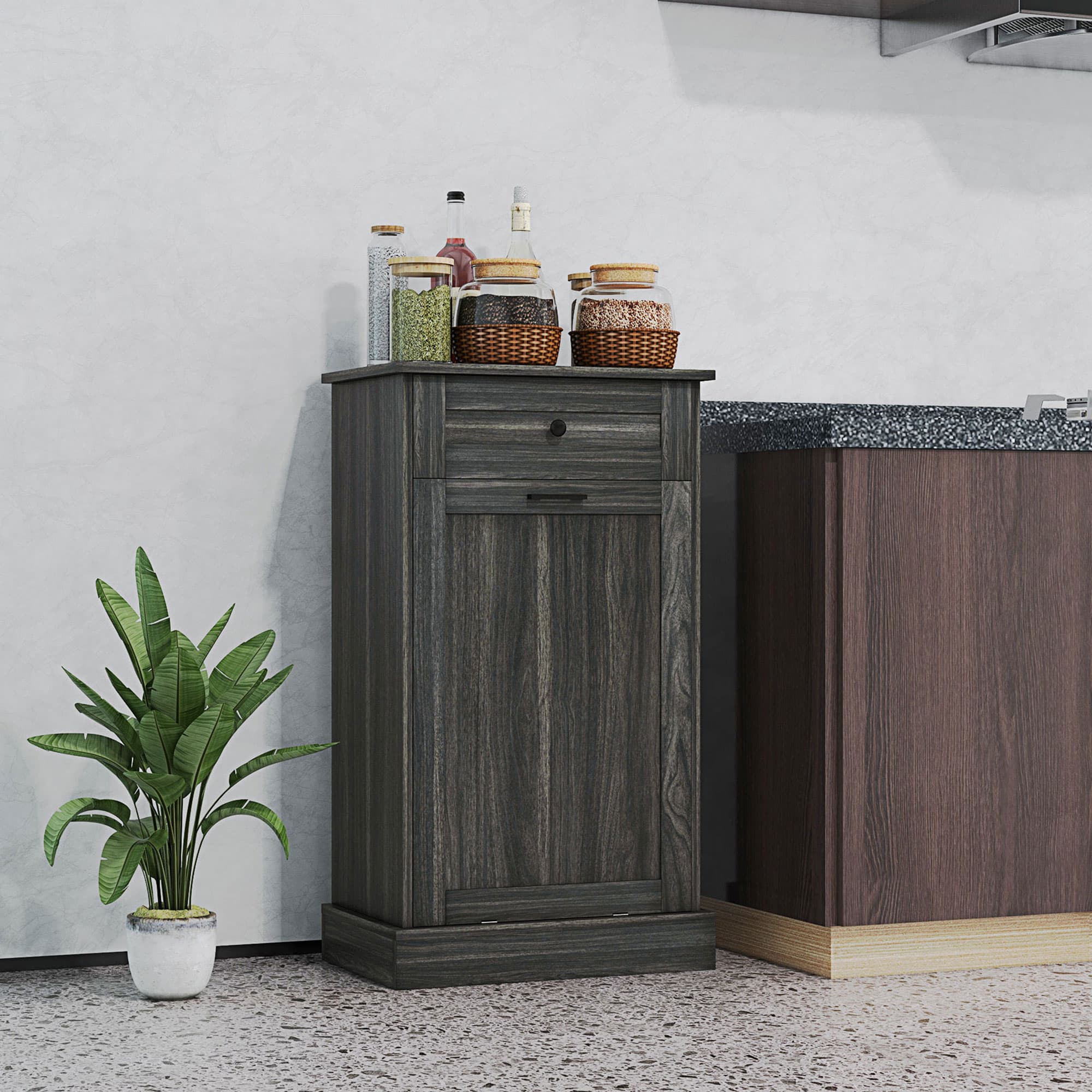 HOMCOM Kitchen Tilt Out Trash Bin Cabinet, Free Standing Recycling Cabinet, Trash Can Holder with Drawer, Charcoal Grey | Aosom Canada