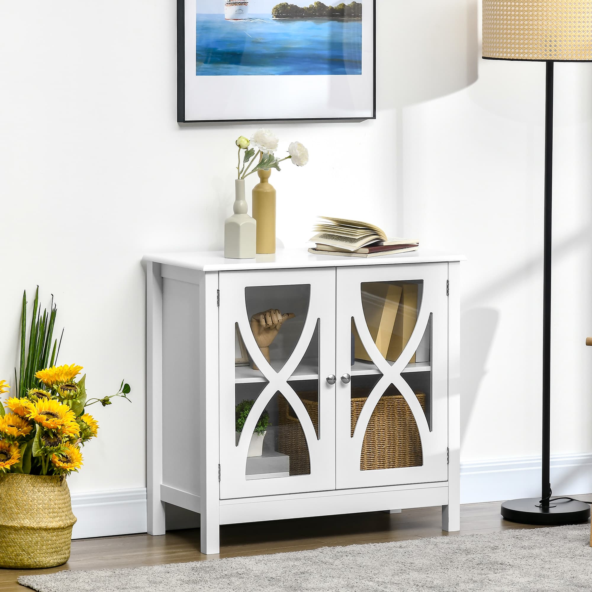 HOMCOM White Glass Door Sideboard: Buffet Cabinet with Accent Cupboard & Adjustable Shelf for Dining & Living Rooms | Aosom Canada