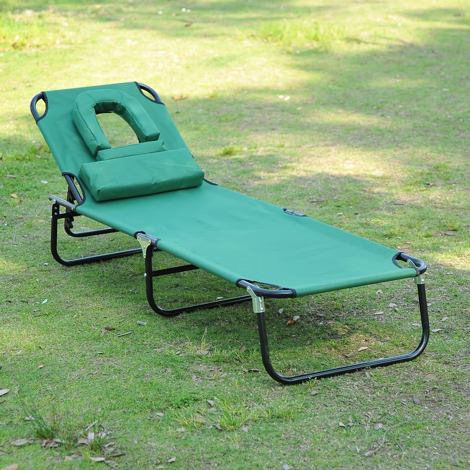 Outsunny Adjustable Garden Sun Lounger w/ Reading Hole Outdoor Reclining Seat Folding Camping Beach Lounging Bed Green | Aosom Canada