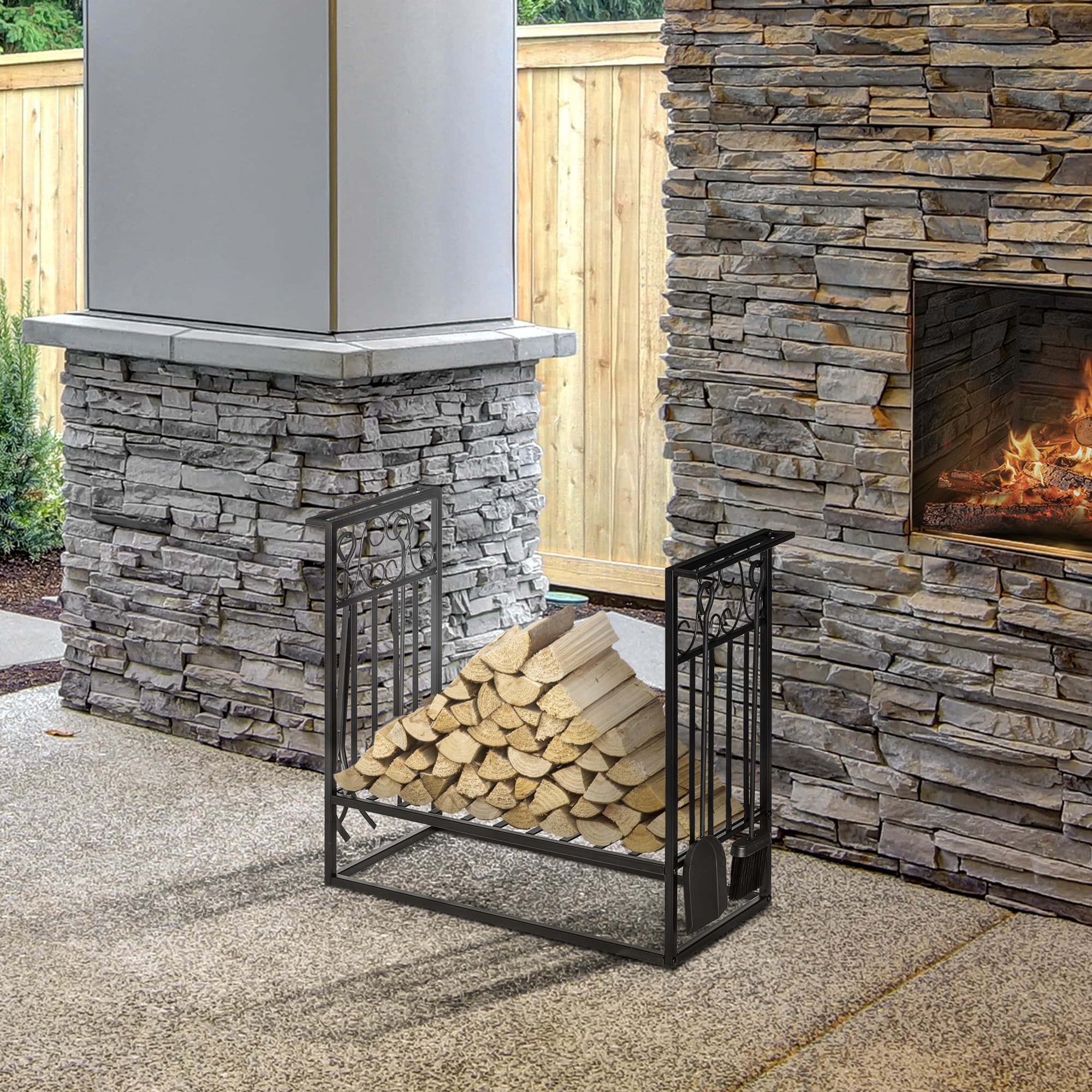 HOMCOM Vintage Firewood Log Rack Heavy Duty Wood Storage Shelf Fireplace Tools Accessories Black Metal | Aosom Canada