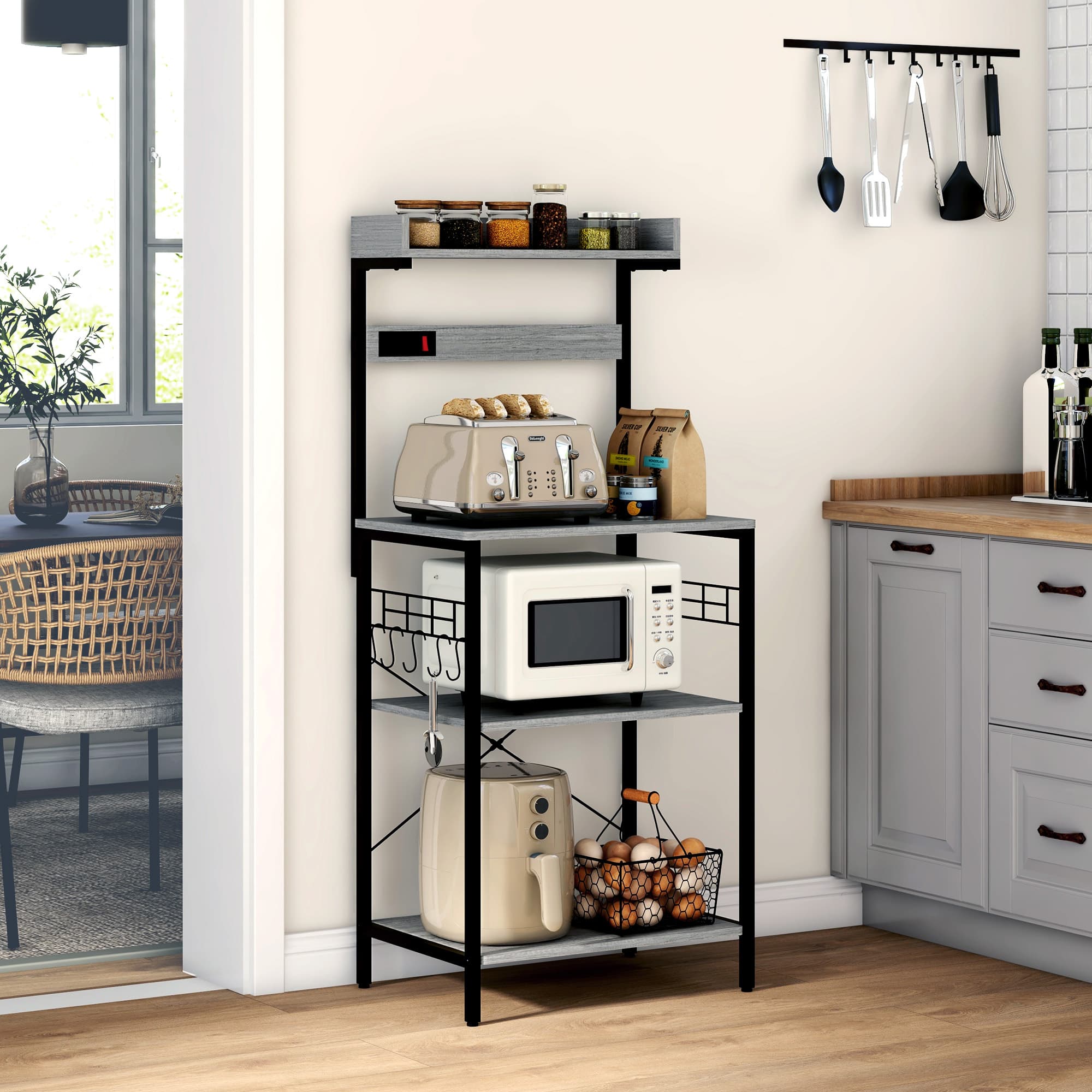 HOMCOM Baker's Rack with Power Outlet Coffee Bar Station Adjustable Shelves Hooks Distressed Grey Metal Wood | Aosom Canada