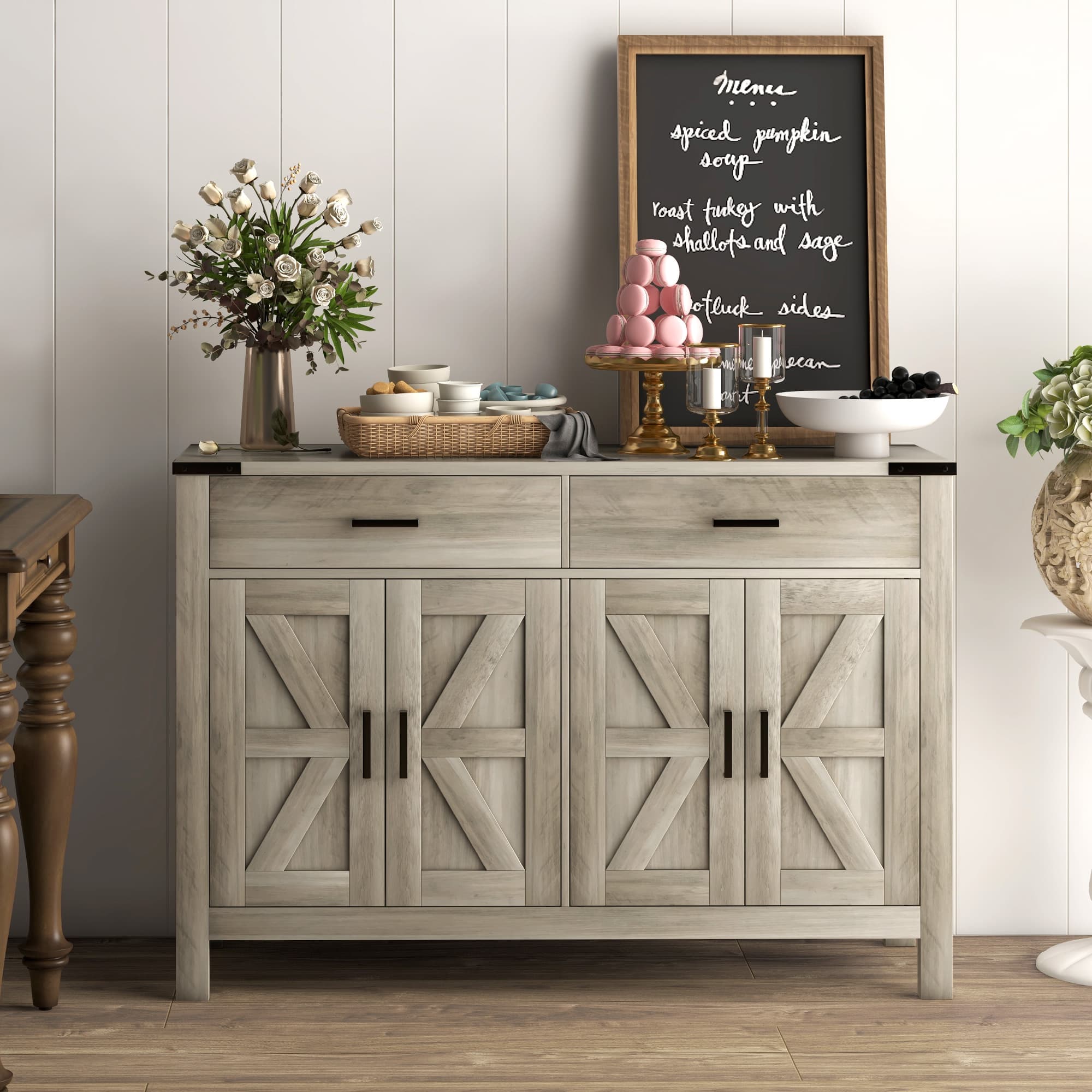 HOMCOM Farmhouse Buffet Cabinet Sideboard with 2 Drawers, 2 Storage Cabinets and Adjustable Shelves, Grey | Aosom Canada