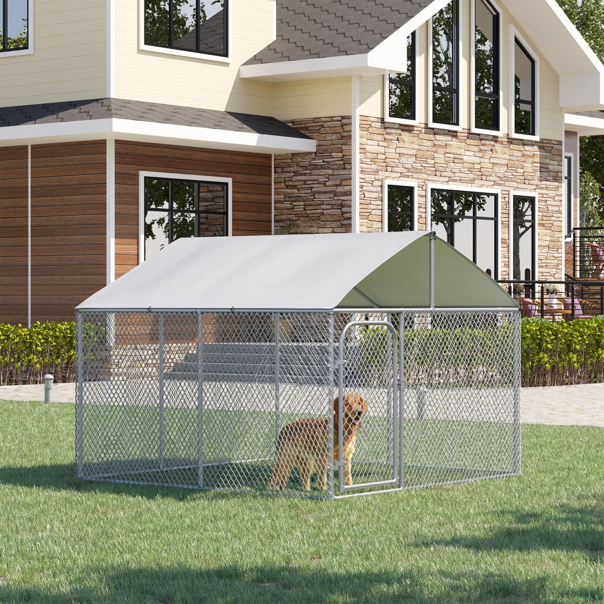 PawHut Dog Kennel Outdoor Run Fence with Roof, Steel Lock, Mesh Sidewalls for Backyard & Patio, 7.5' x 7.5' x 5.7', Silver | Aosom Canada