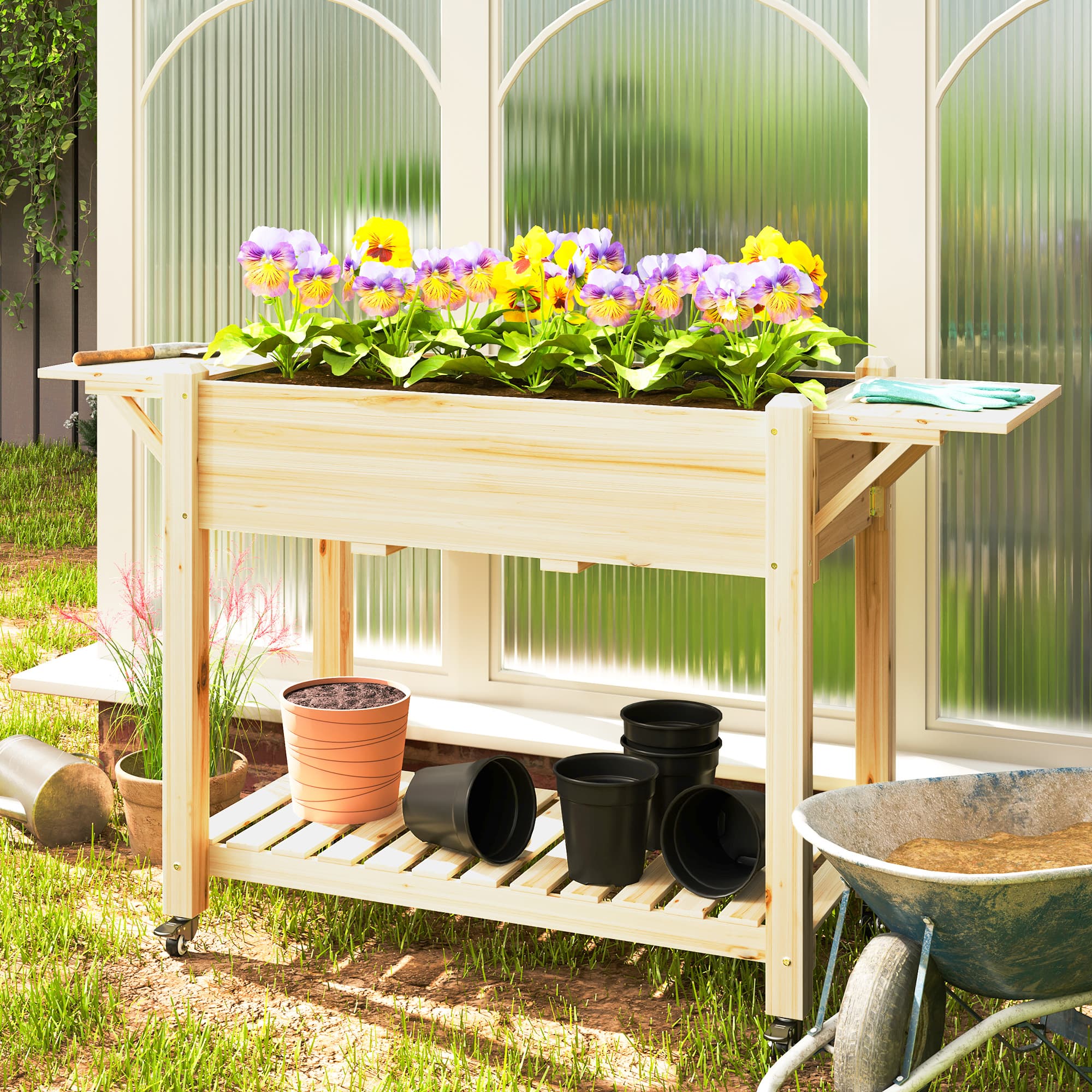 Outsunny Raised Garden Bed, Wood Planter Box with Lockable Wheels, Side Tables, Bottom Shelf, Bed Liner, Drain Holes, Natural | Aosom Canada