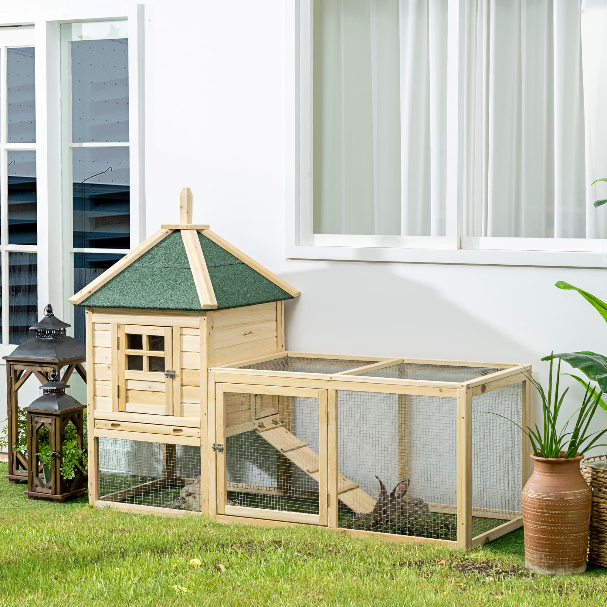PawHut 68" Natural Wooden Rabbit Run: Bunny House Enclosure with Doors, Tray & Ramp for Spacious Pet Playpen | Aosom Canada