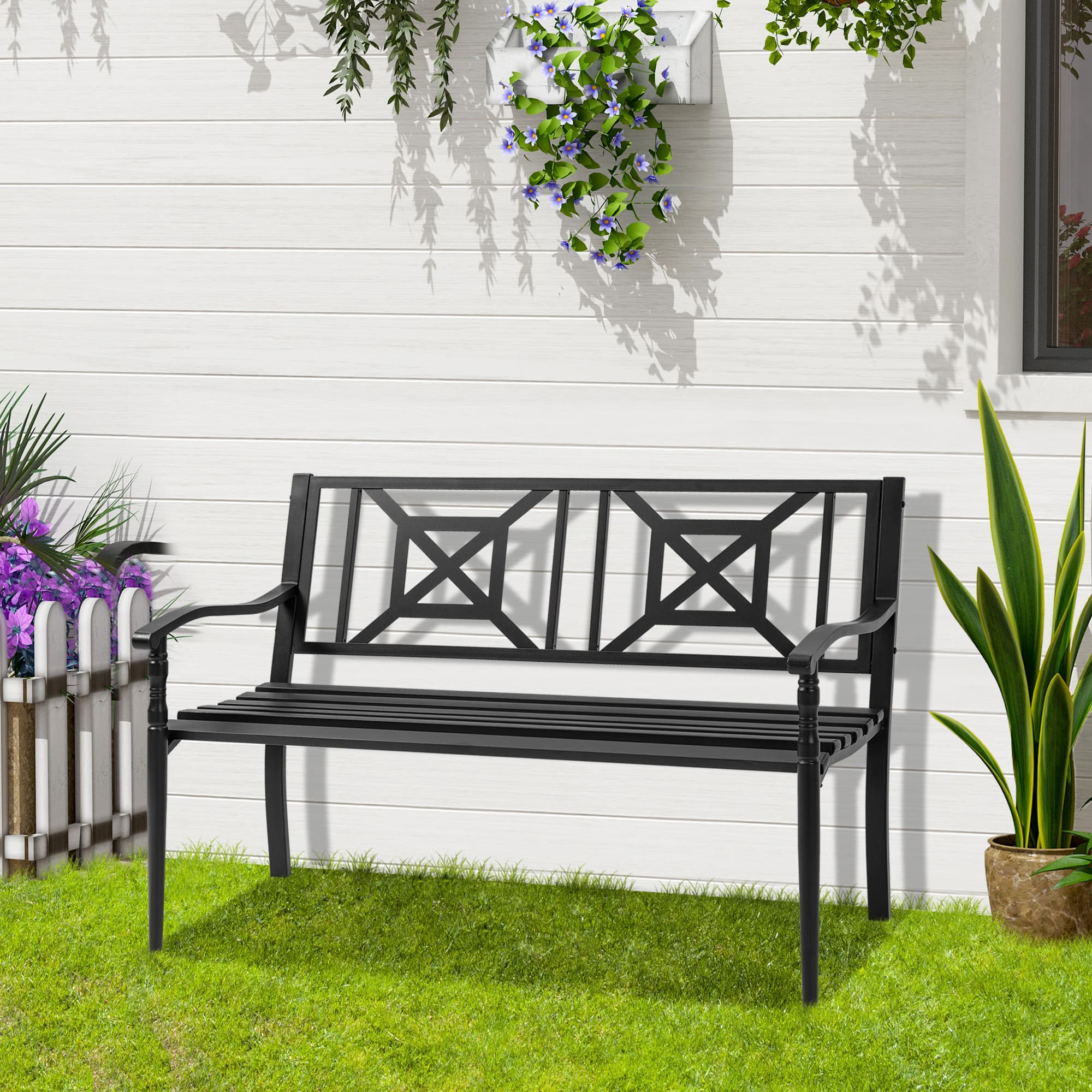 Outsunny Steel Garden Bench 2-person Outdoor Loveseat Black Durable Patio Furniture for Lawn Deck Yard Porch Entryway | Aosom Canada