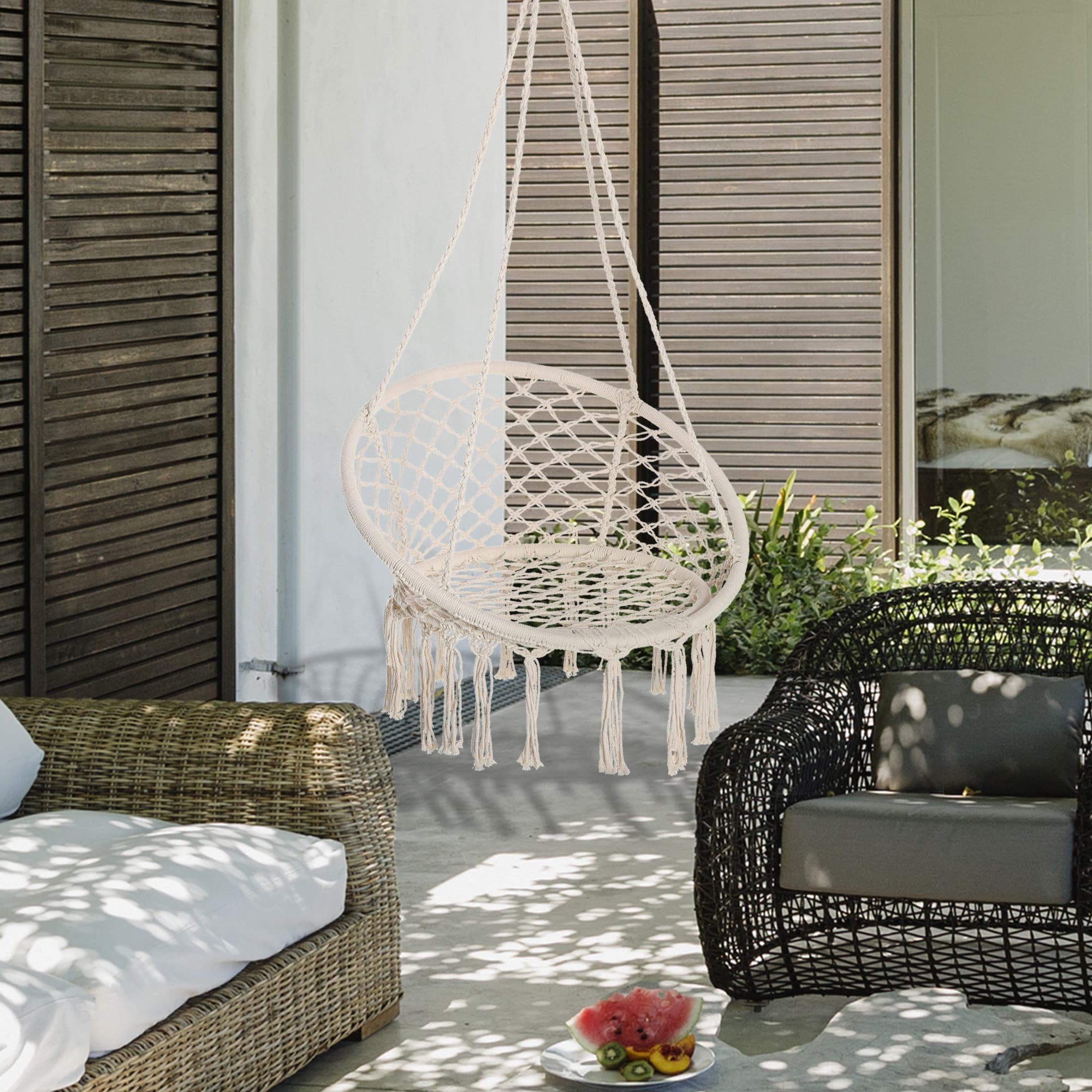 Outsunny Hammock Chair Hanging Rope Swing Indoor Outdoor Backrest Cotton Polyester Fringe Tassels Cream White | Aosom Canada