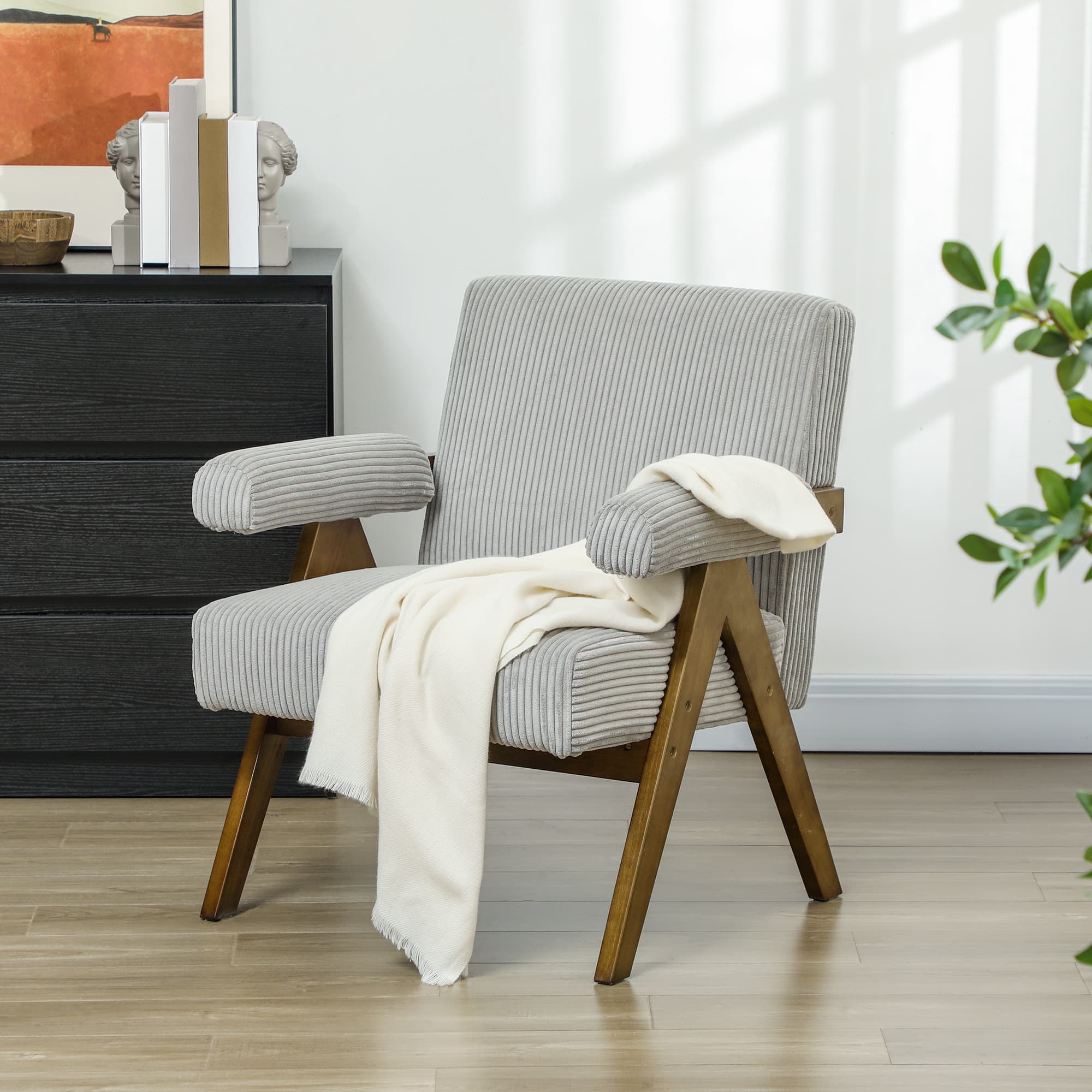 HOMCOM Corduroy Accent Chair Armchair with Wide Seat and Soft Padded Armrests for Reading, Bedroom, Light Grey | Aosom Canada