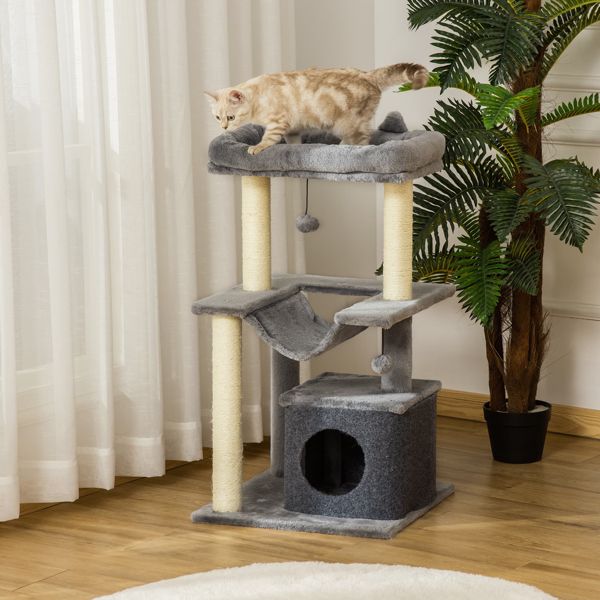 PawHut 39" Multi-Level Cat Tree: With Scratching Post, Condo, Hammock, Bed, Toy Ball, Grey | Aosom Canada