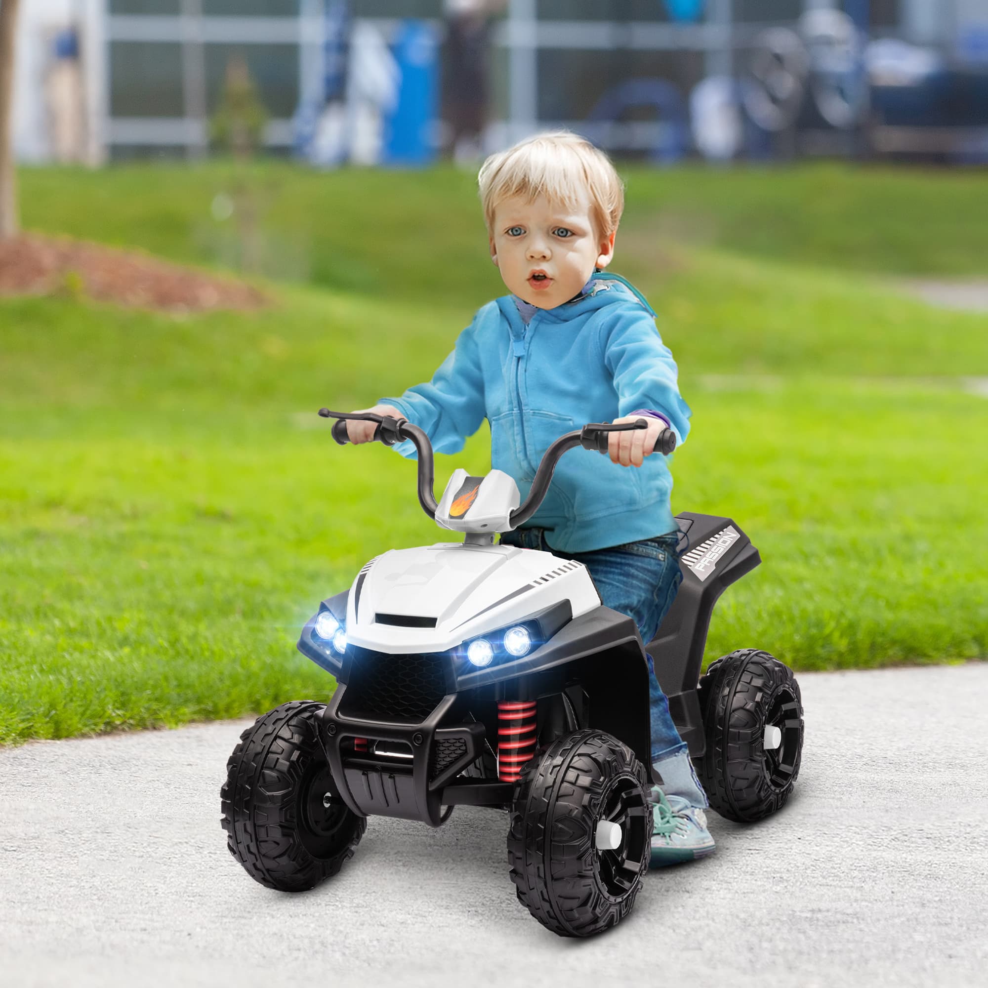 Qaba 12V Kids ATV with Four Wheels Spring Suspension, Forward & Backward, LED Light, MP3, Music, White | Aosom Canada