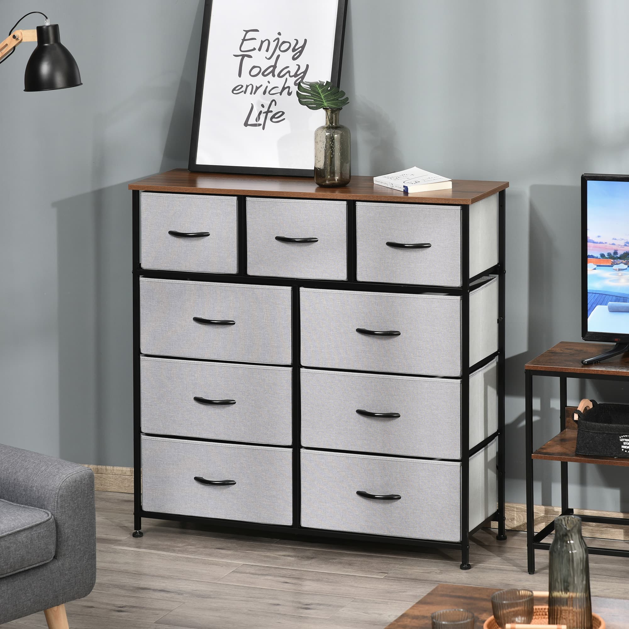 HOMCOM 9-Drawer Storage Dresser: Fabric Bins, Steel Frame & Wood Top for Living Spaces | Aosom Canada