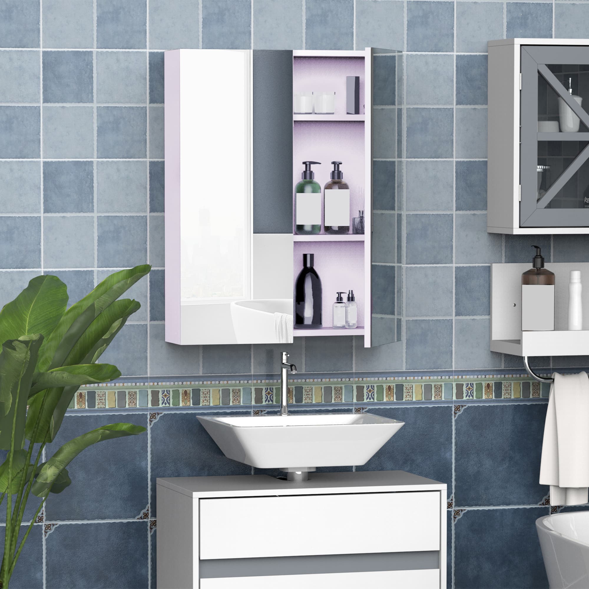 HOMCOM White Over Toilet Cabinet: Wall Mounted Bathroom Storage with Mirror & Adjustable Shelf Behind Double Doors | Aosom Canada