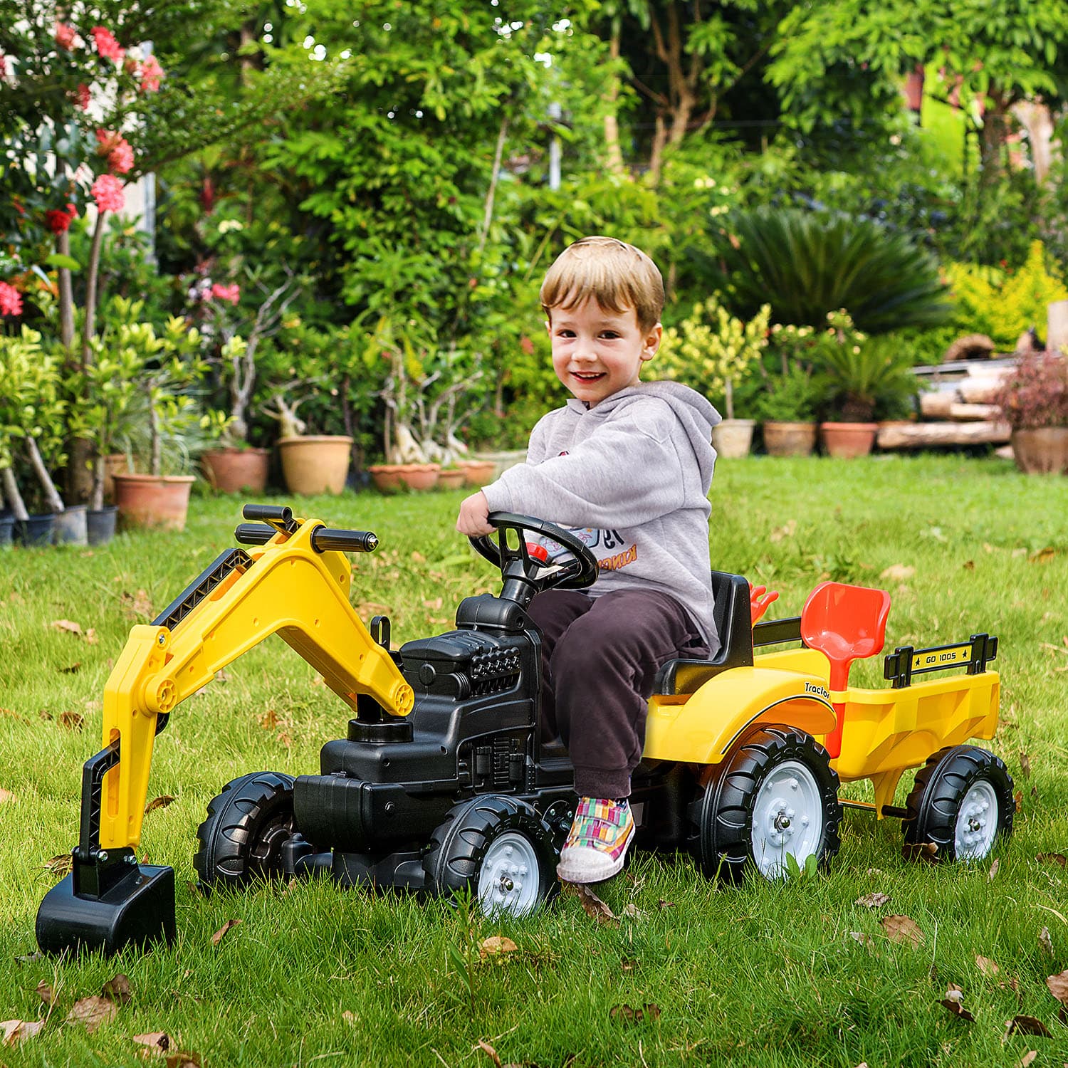 Aosom Yellow Ride-On Pedal Digger Construction Car with Horn Detachable Trailer Kids Toy Vehicle | Aosom Canada