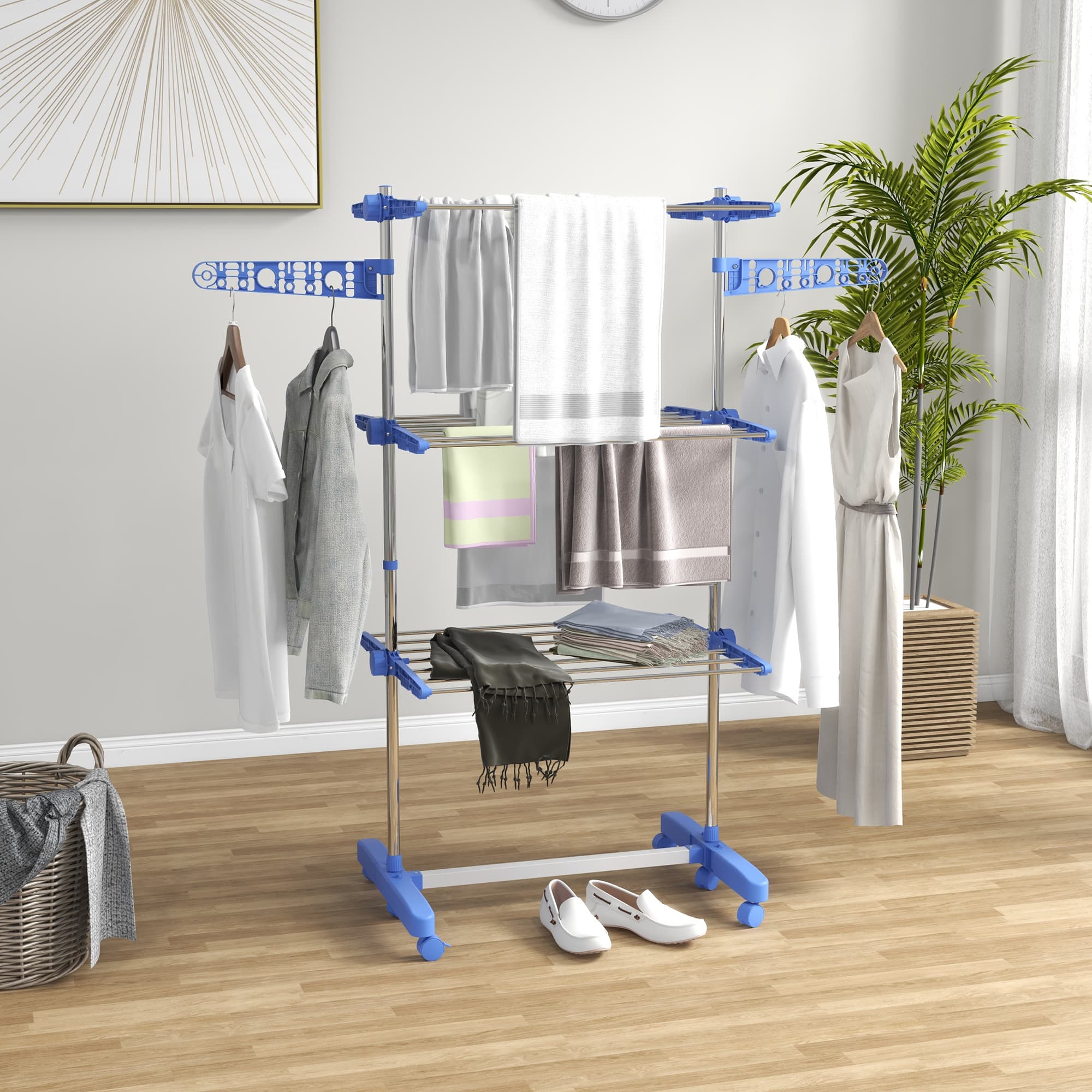 HOMCOM Clothes Drying Rack 3-Tier Stainless Steel Laundry Rack with Side Wings 6 Castors Blue | Aosom Canada