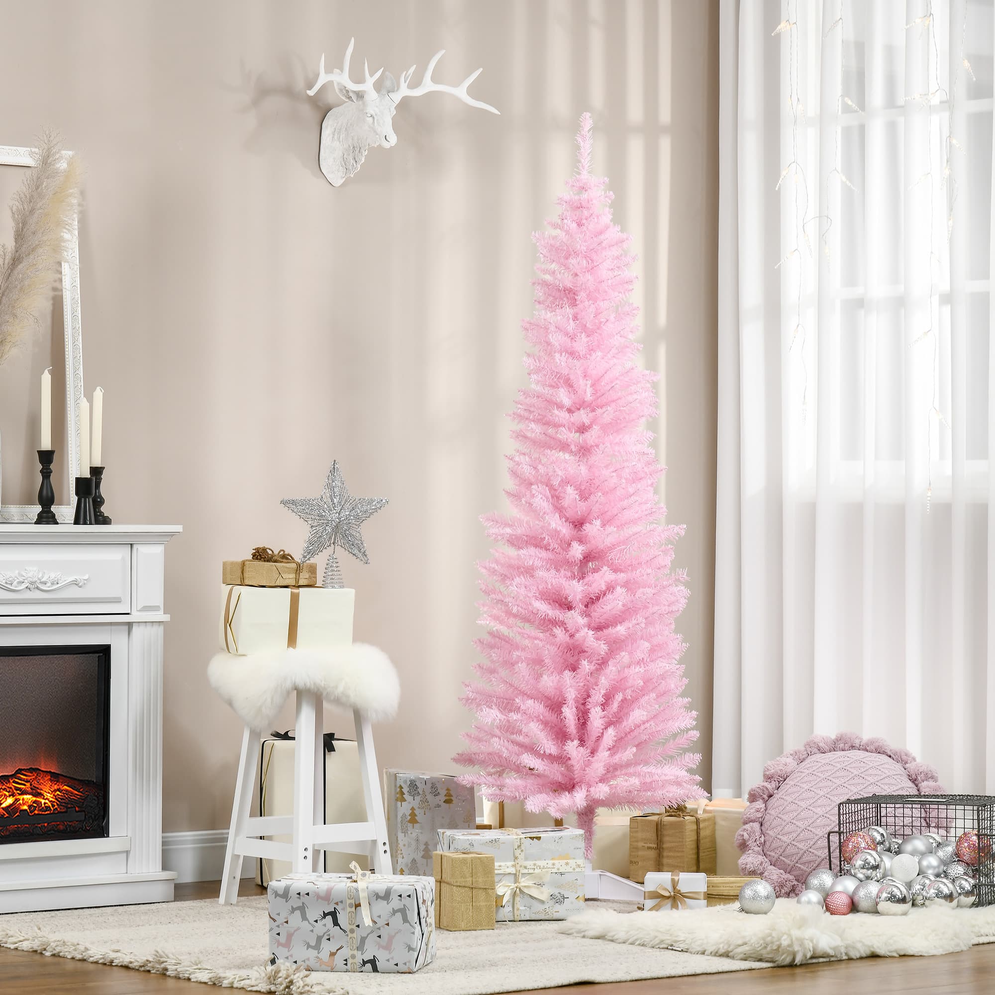 HOMCOM 6' Pencil Christmas Tree, Slim Artificial Xmas Tree with Realistic Branches, Sturdy Metal Stand, Pink | Aosom Canada