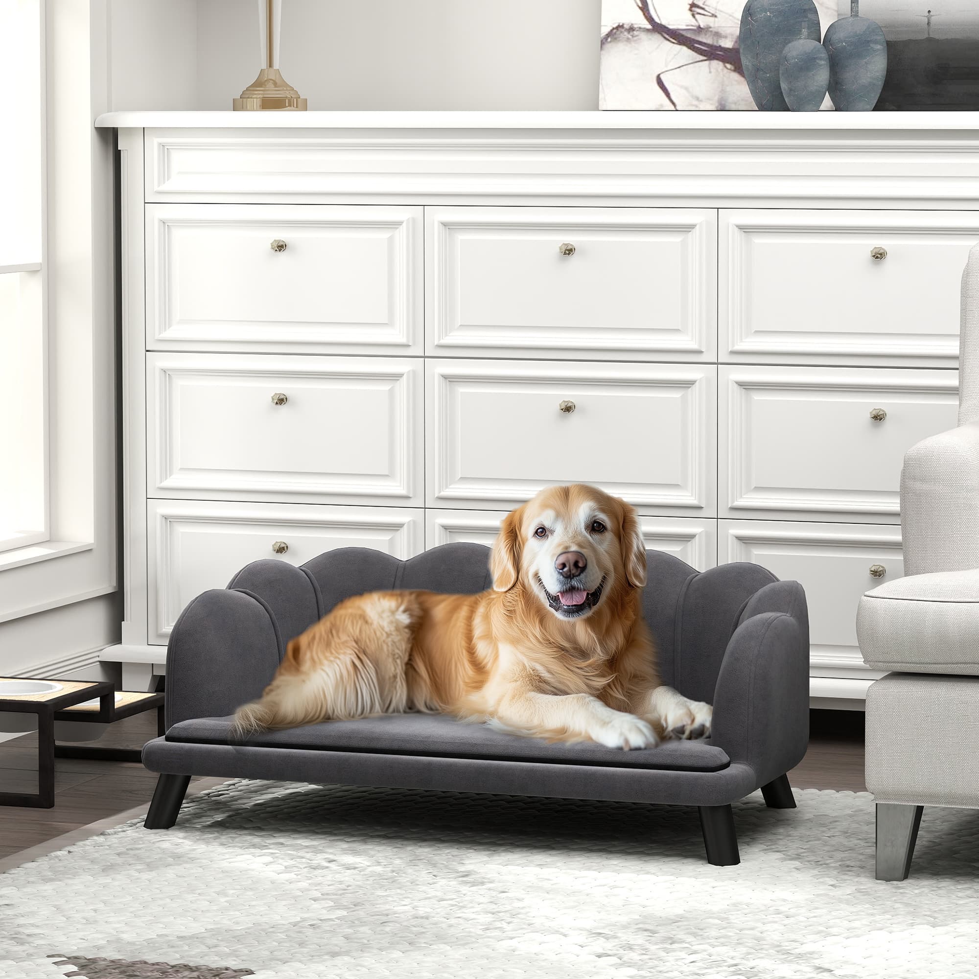PawHut Luxury Dog Couch: Dark Grey Pet Sofa with Extra Cushion & Wood Legs for Medium/Large Dogs | Aosom Canada