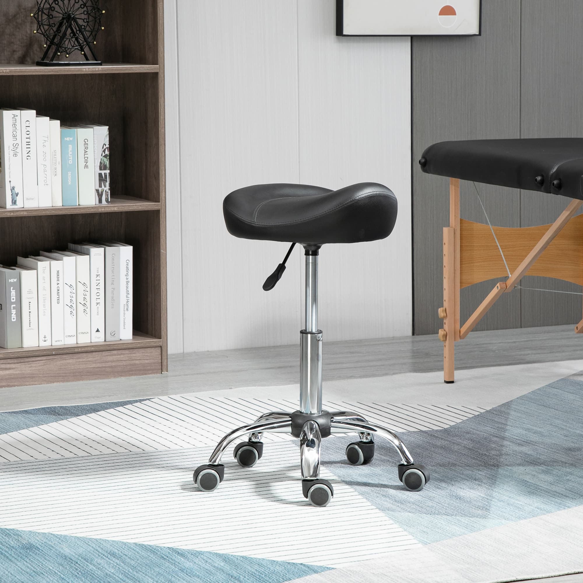 HOMCOM Saddle Stool Height Adjustable Rolling Salon Chair PU Leather Black for Massage Spa Clinic Beauty Tattoo | Aosom Canada