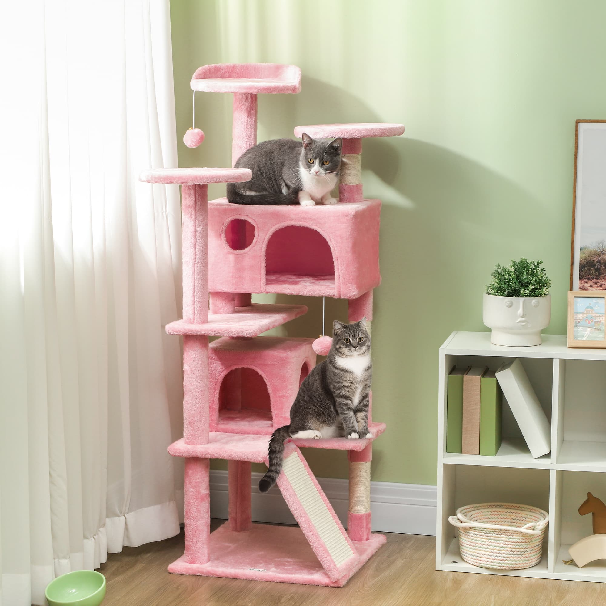 PawHut 54" Cat Tree, Multi-Level Cat Tower with Scratching Posts, Cat Condos, Bed, Platforms, Ramp, Toy Ball, Pink | Aosom Canada