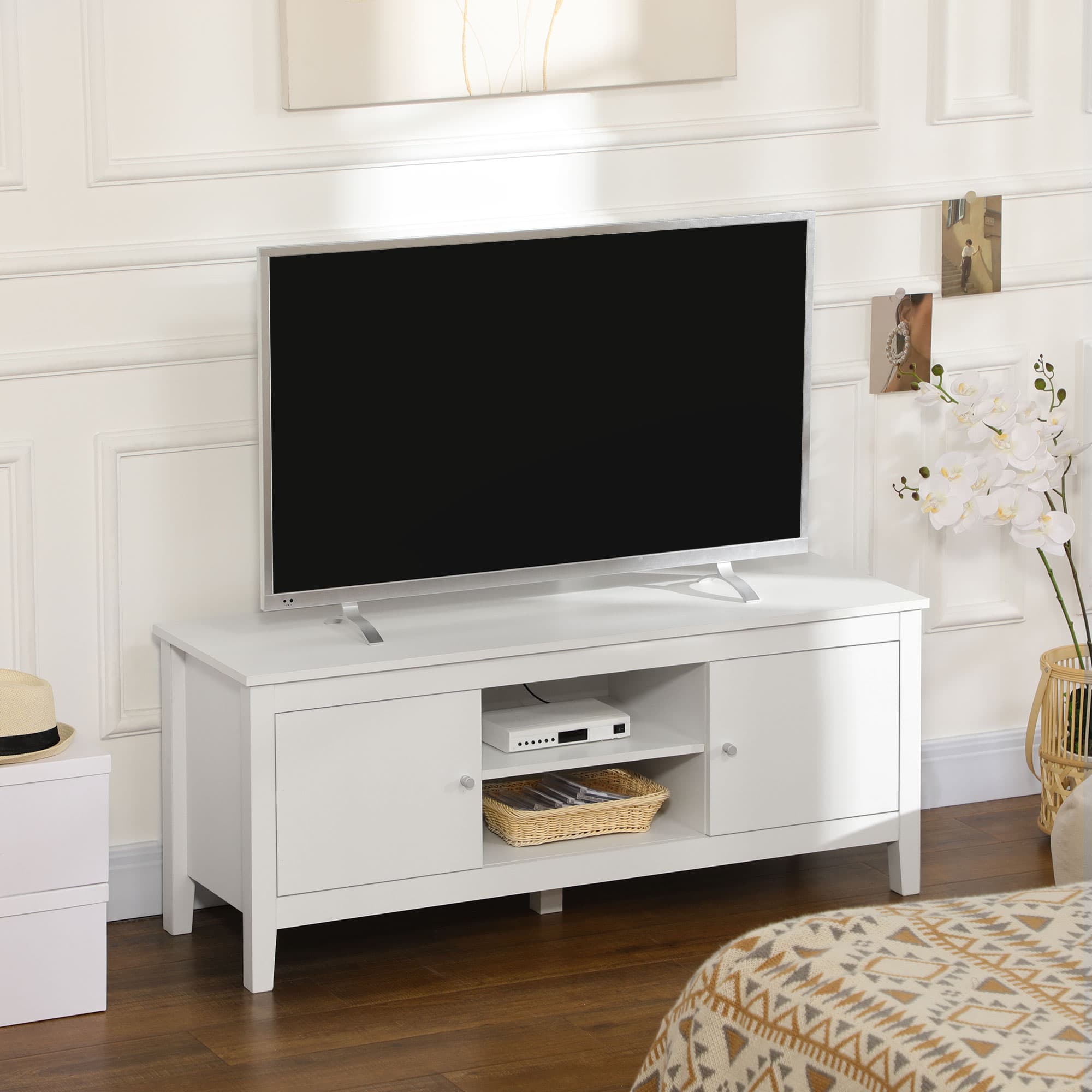 HOMCOM Modern White TV Stand for 55" TVs with Storage Cupboards Shelves Minimalist Living Room Furniture | Aosom Canada