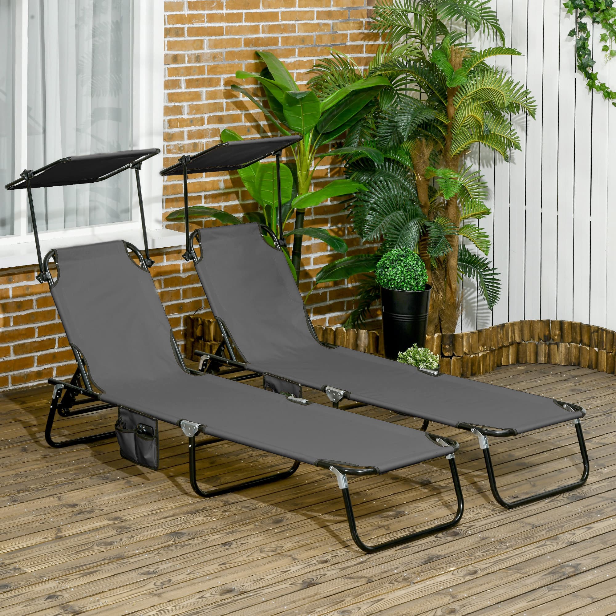 Outsunny 2 Piece Folding Outdoor Chaise Lounges, Pool Tanning Chairs with Reclining Back, Sunshade for Beach, Patio, Dark Grey | Aosom Canada