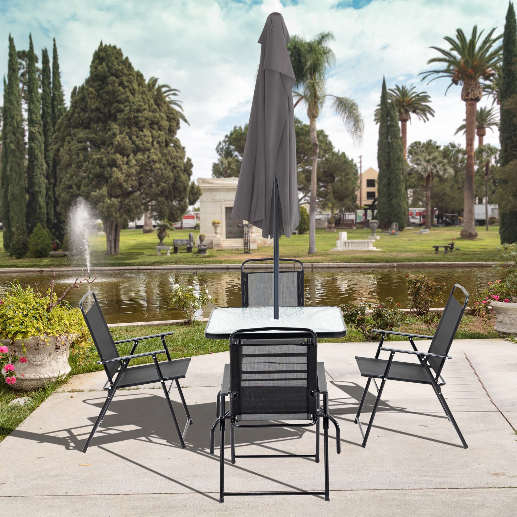Outsunny 5 Pieces Patio Table and Chairs, Outdoor Dining Set with 4 Folding Chairs, Glass Tabletop and Parasol Hole, Black | Aosom Canada