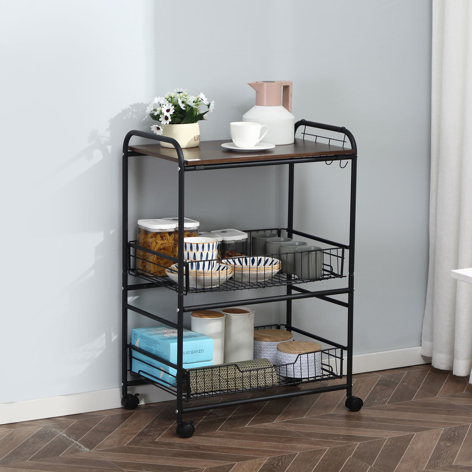 HOMCOM Dining Delights: 3-Tier Rolling Kitchen Cart, Utility Storage with Basket, Drawers, Side Hooks, Lockable Casters | Aosom Canada