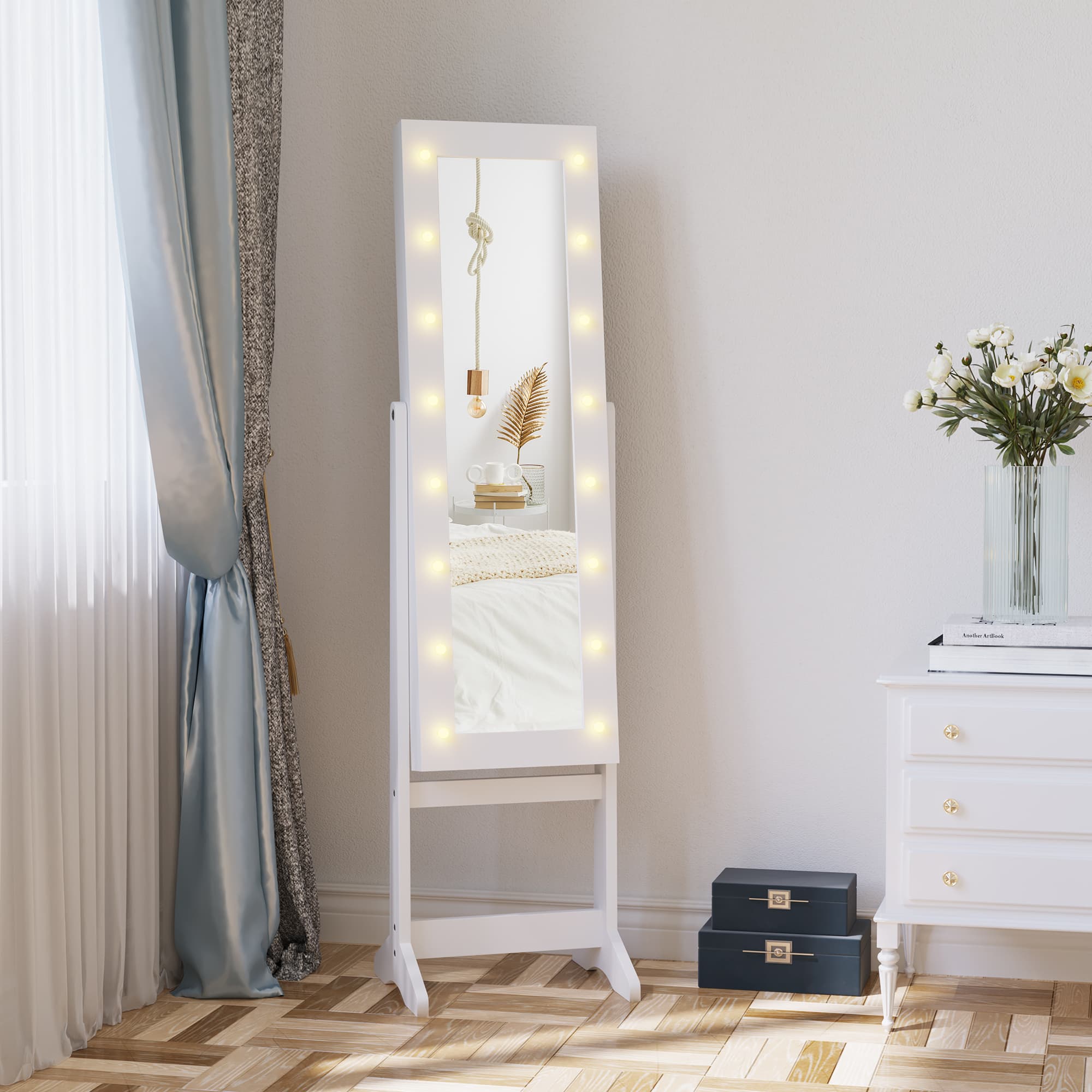 HOMCOM Lighted Jewelry Cabinet Mirrored Armoire Organizer Free Standing Storage for Necklaces Bracelets Rings Earrings Adjustable | Aosom Canada