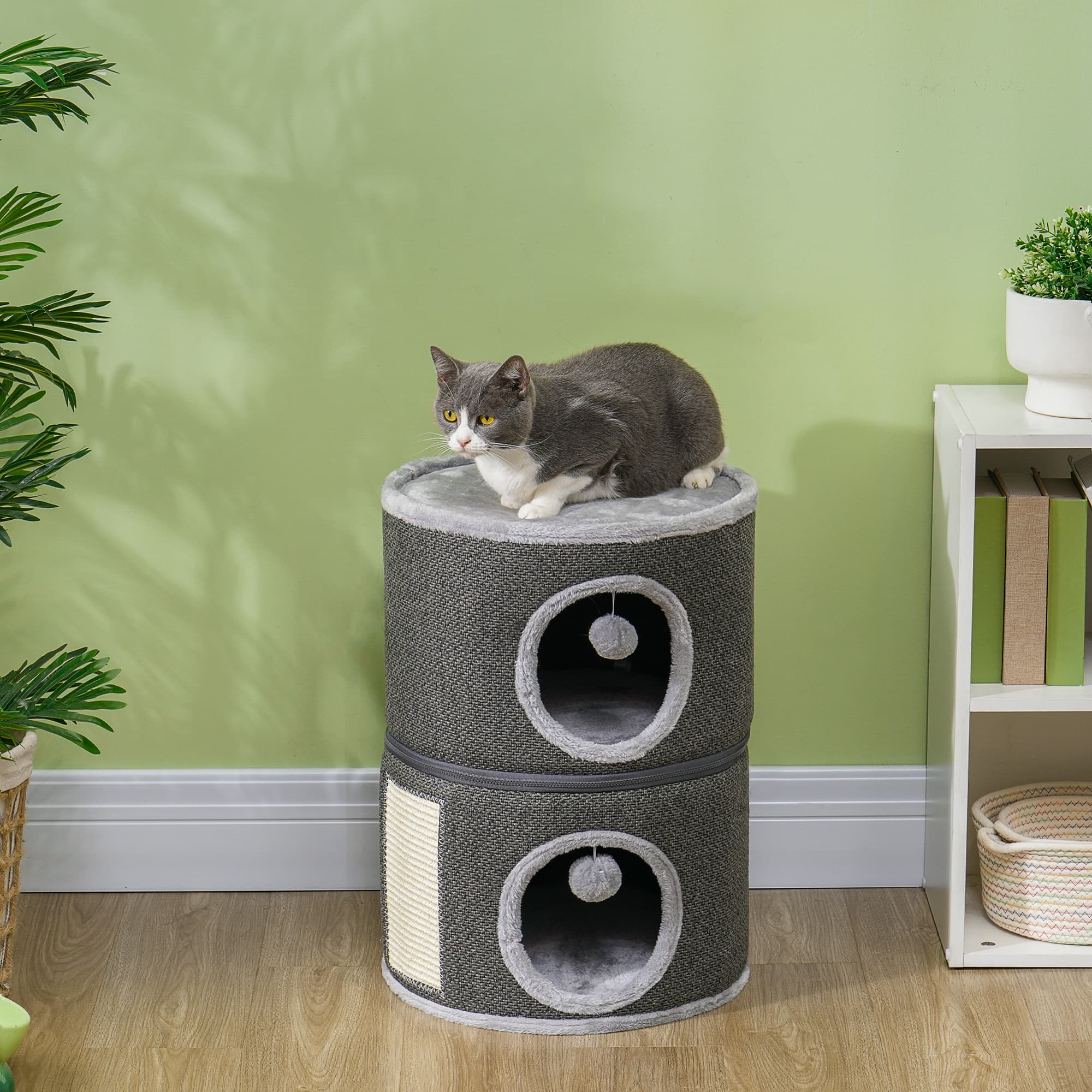 PawHut 3-Story Cat Condo Barrel Tree with Top Perch, 2 Hideaways, Scratching Board, Removable Cushions, Toy Balls, Dark Grey | Aosom Canada