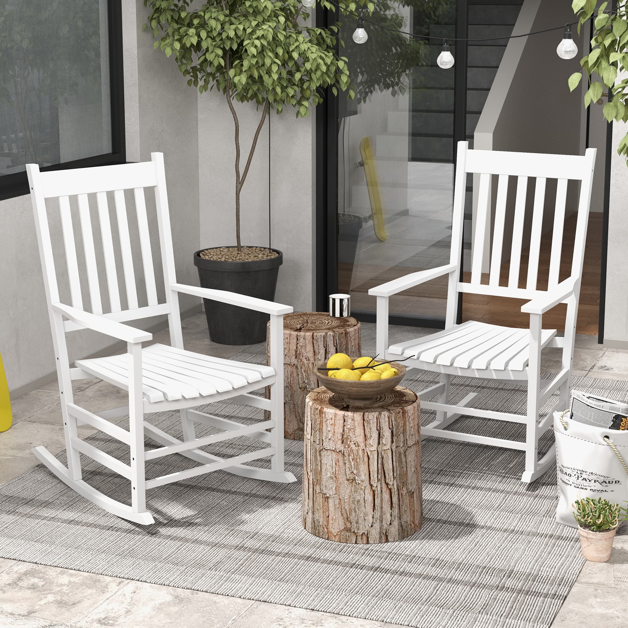 Outsunny Wooden Patio Rocking Chairs Set of 2, Outdoor Rocker Chairs with Wide Armrests, High Back for Garden, Balcony, White | Aosom Canada