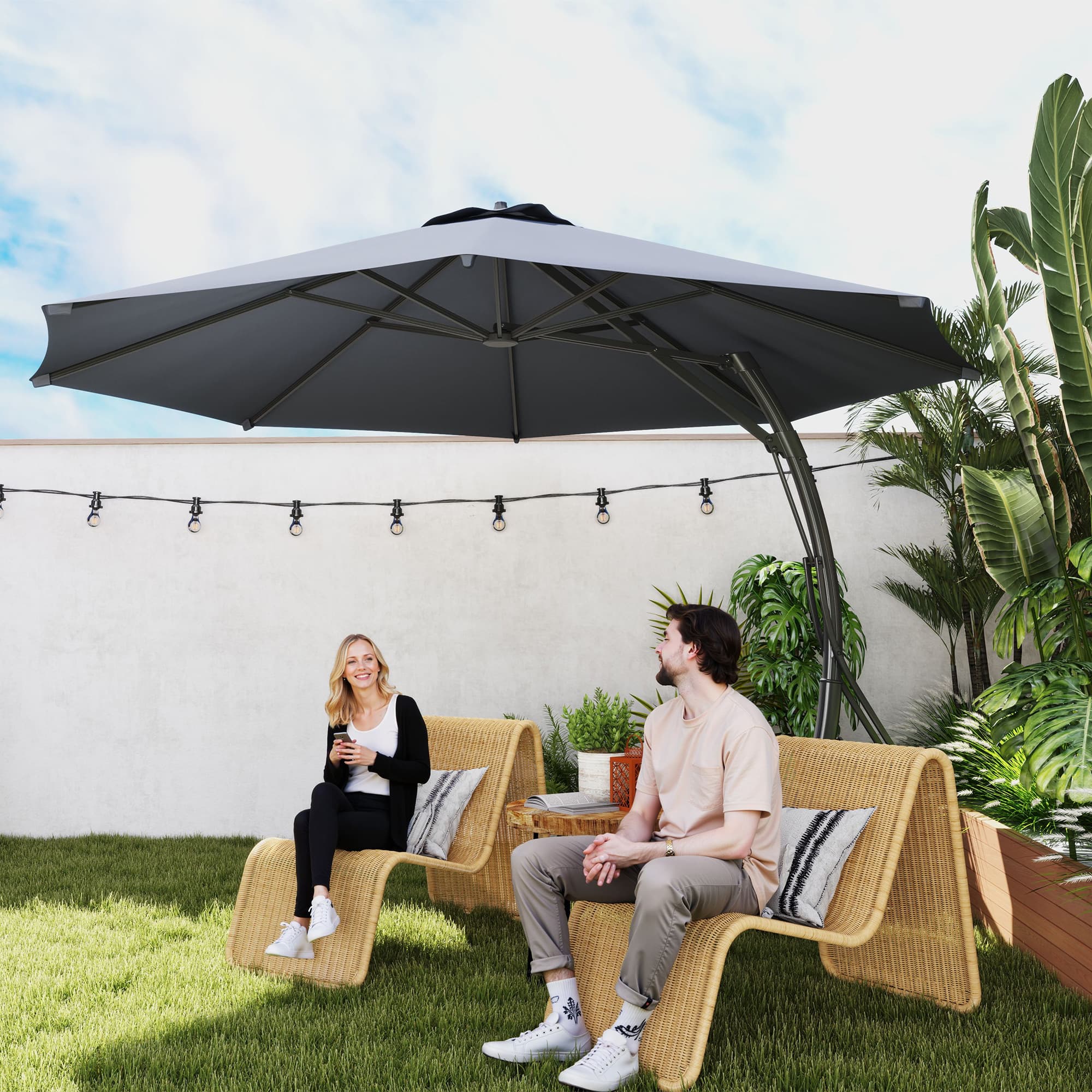 Outsunny 11FT Patio Umbrella, Cantilever Umbrella with 8 Ribs, 360° Rotation, Easy Adjustment for Garden, Deck, UPF 50+, Grey | Aosom Canada