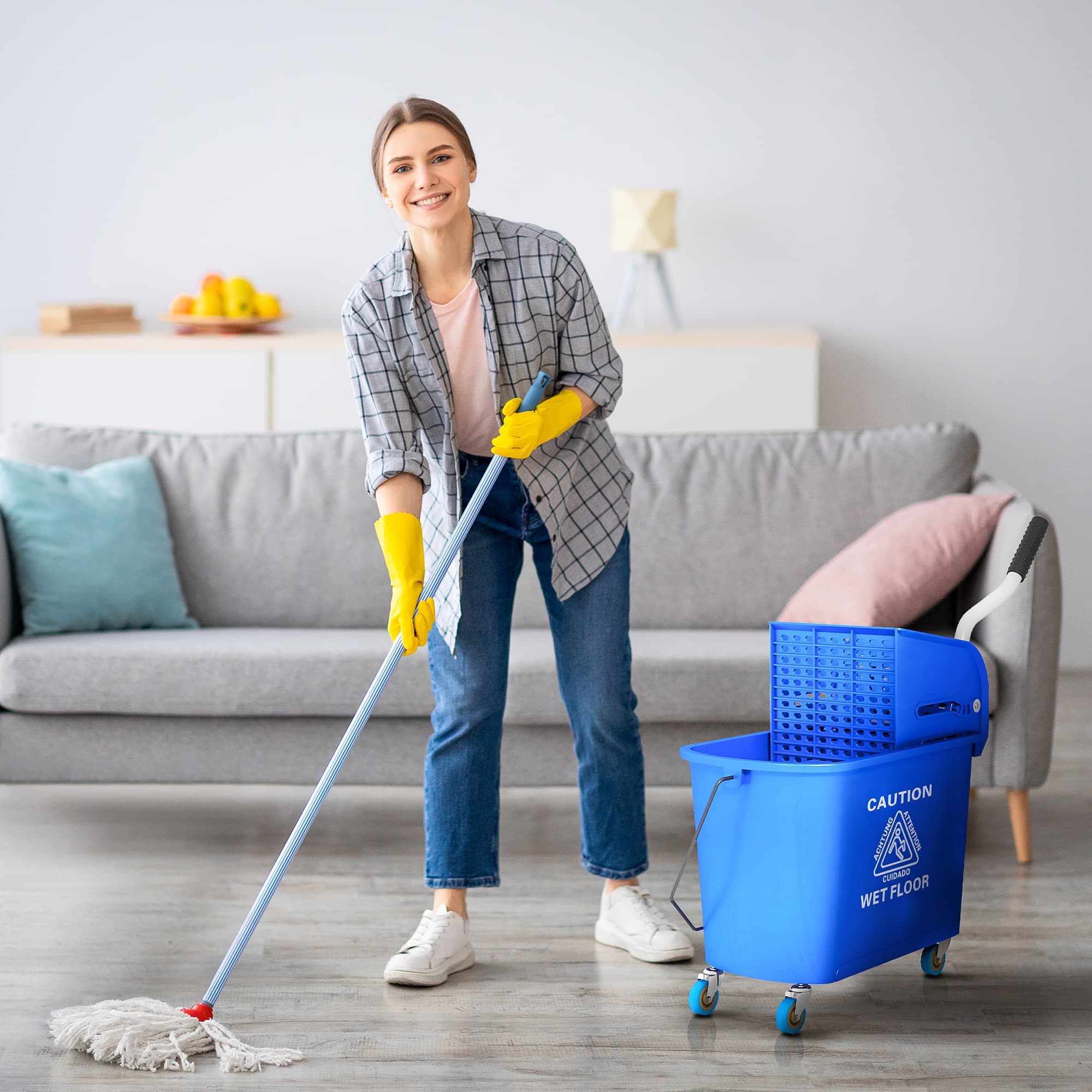 HOMCOM Mop Bucket with Wringer, Mop Bucket on Wheels for Floor Cleaning, 5 Gallon, Separate Dirty and Clean Water, Blue | Aosom Canada