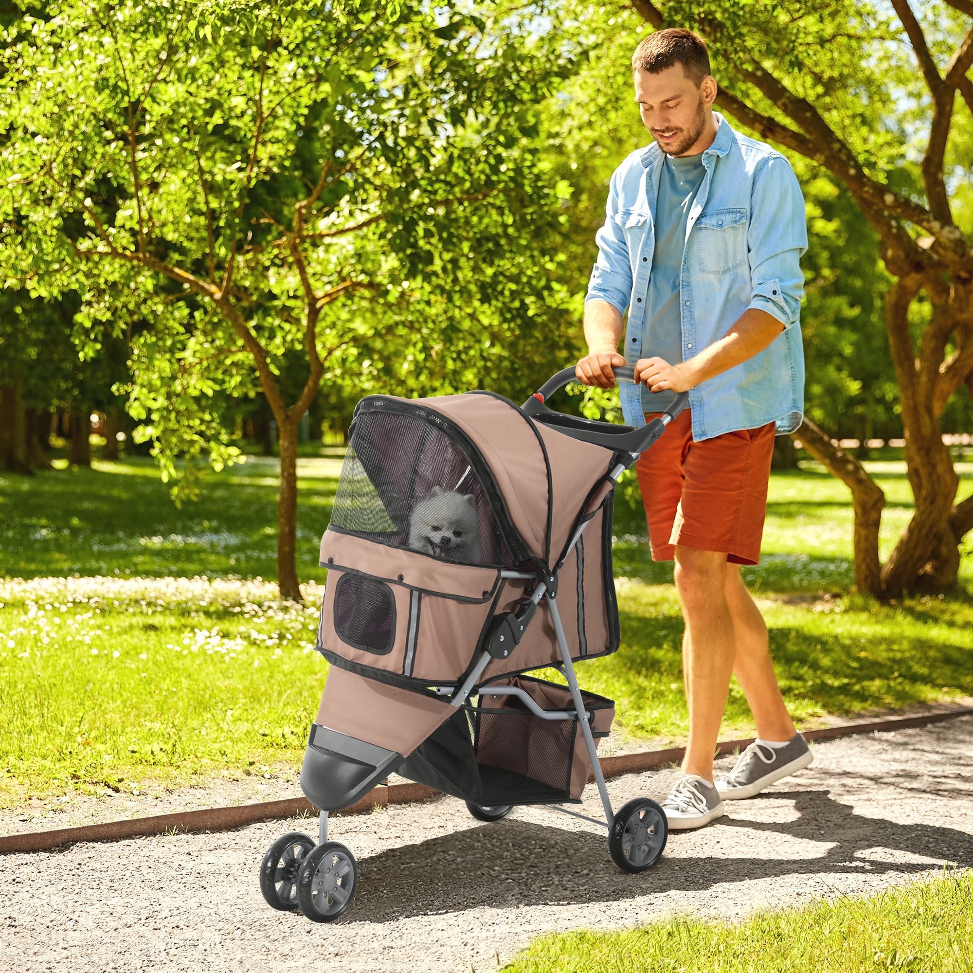 PawHut 3 Wheel Pet Stroller Foldable Dog Cat Carrier with Brake Canopy Cup Holders Storage Coffee | Aosom Canada