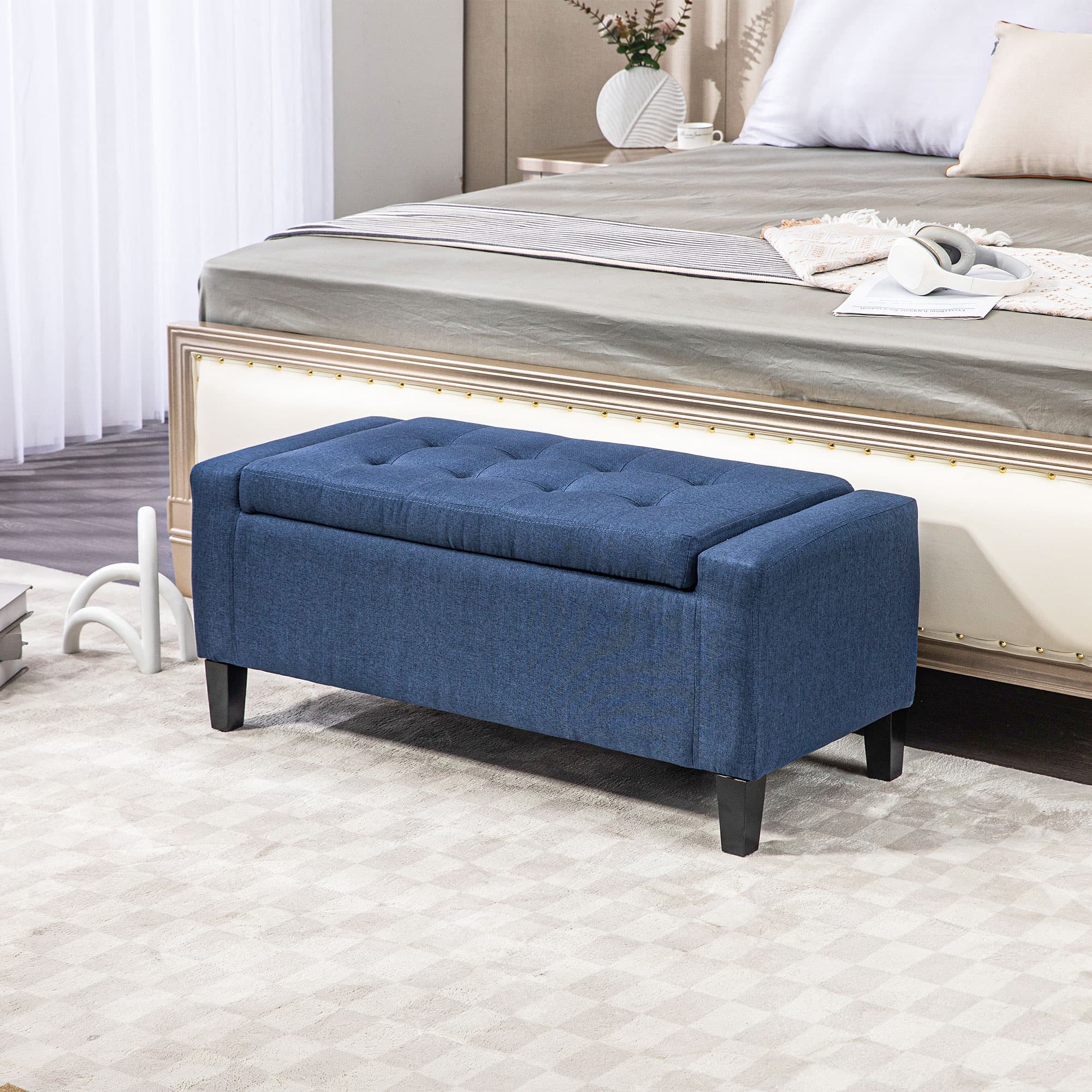 HOMCOM Storage Ottoman Bench, Linen Upholstered Bench with Tufted Design, Dark Blue | Aosom Canada
