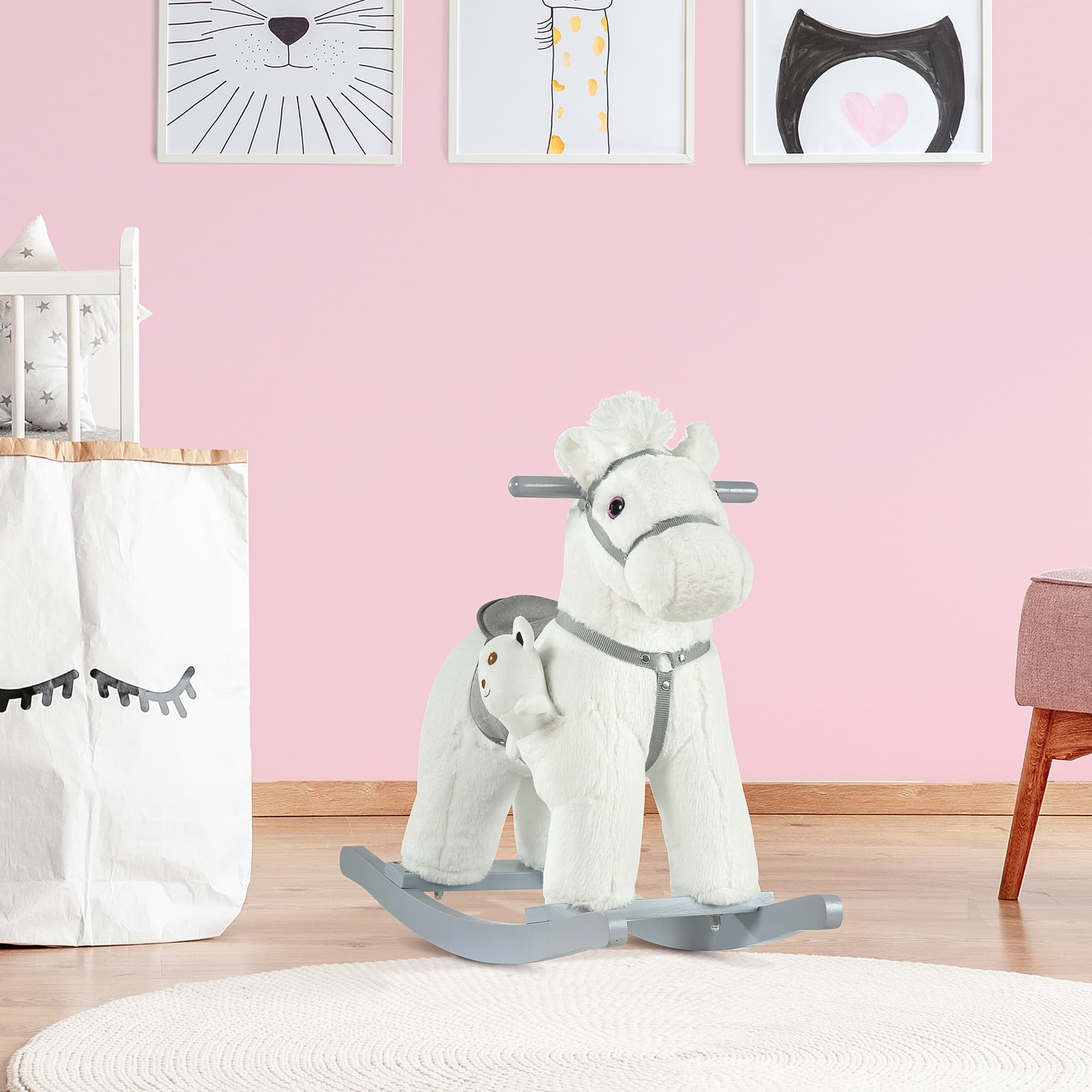 Qaba Kids White Plush Rocking Horse - Soft Bear Ride-On Toy with Fun Sounds, Comfortable Children's Chair | Aosom Canada