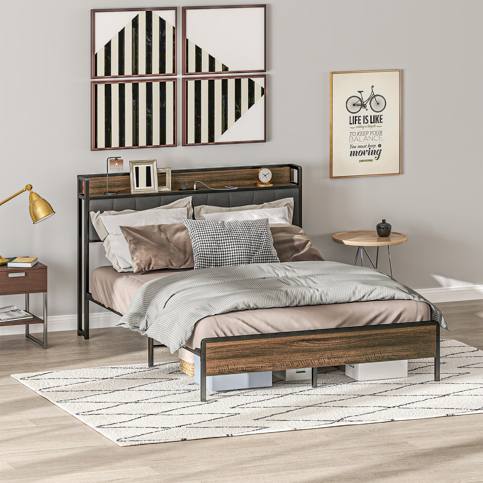 HOMCOM Queen Size Bed Frame with Charging Station, Queen Bed Frame with Upholstered Headboard and Storage Shelf, Walnut | Aosom Canada