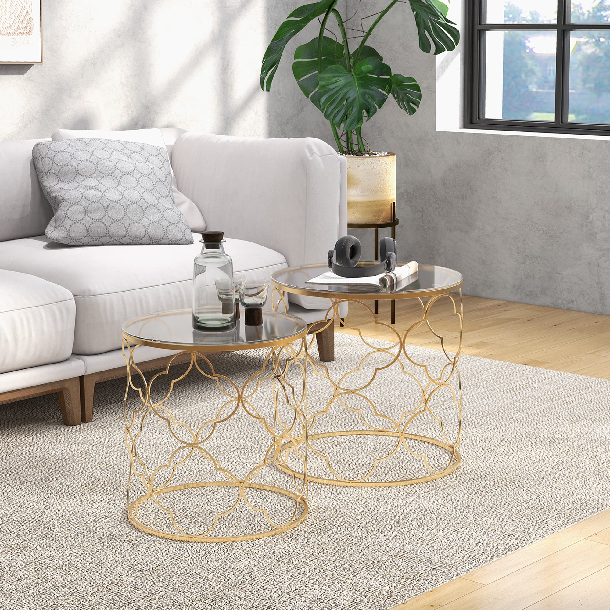 Homcom Gold Nesting End Tables: Elegant Set of 2 with Tempered Glass Top for Modern Living Room Decor | Aosom Canada