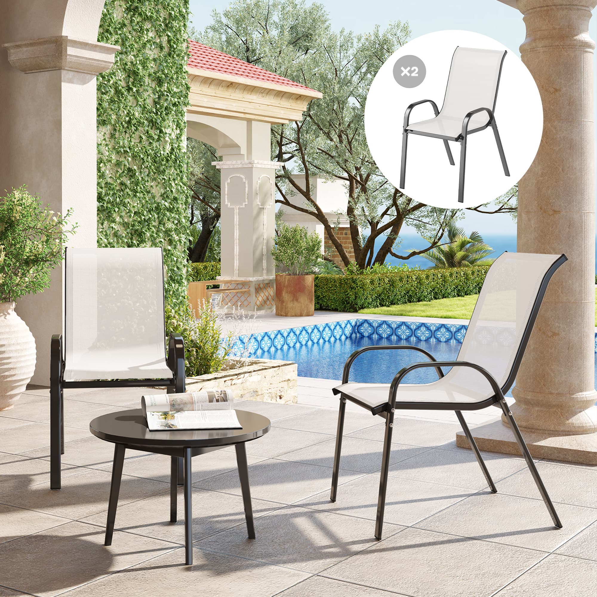 Outsunny Set of 2 Outdoor Dining Chairs, Stackable Lawn Chairs with High Back, Breathable Mesh Seat for Garden Porch, Light Grey | Aosom Canada