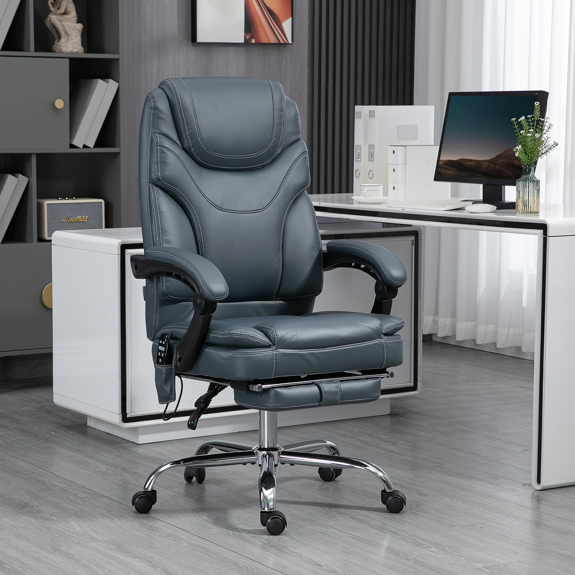 Vinsetto Heated Massage Office Chair: PU Leather, 6-Point Vibration, Recliner with Footrest, Grey | Aosom Canada