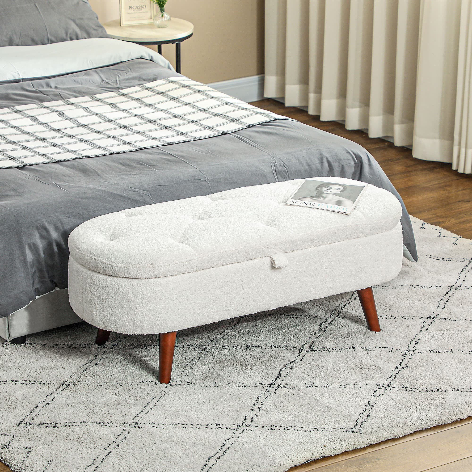 HOMCOM Boucle Bedroom Bench with Storage, Tufted Teddy Fleece Storage Ottoman Bench with Wood Legs for Living Room, White | Aosom Canada