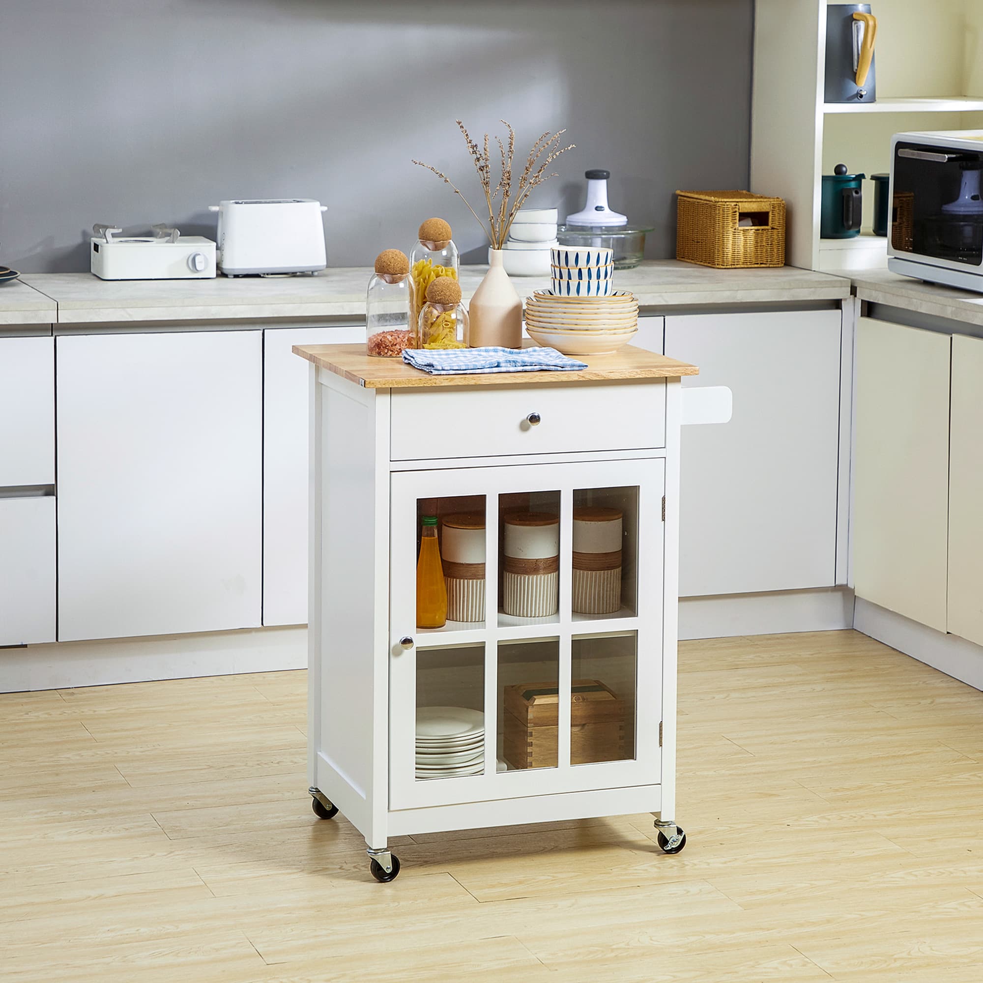 HOMCOM Kitchen Elegance: Rolling Cart Island with Drawer, Glass Door Cabinet, Towel Rack, White Finish | Aosom Canada