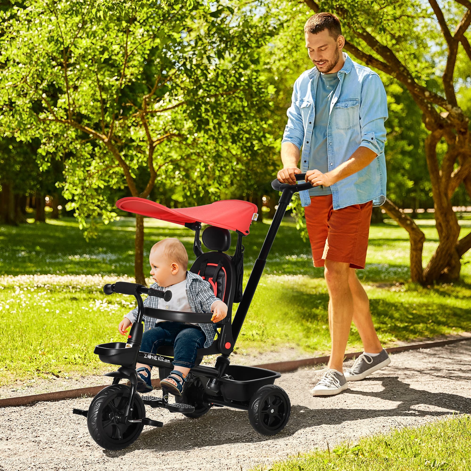 Aosom Qaba Stroller Trike: Baby Tricycle 4 In 1, Reversible Seat, Adjustable Removable Canopy, Handrail Belt, Red | Aosom Canada