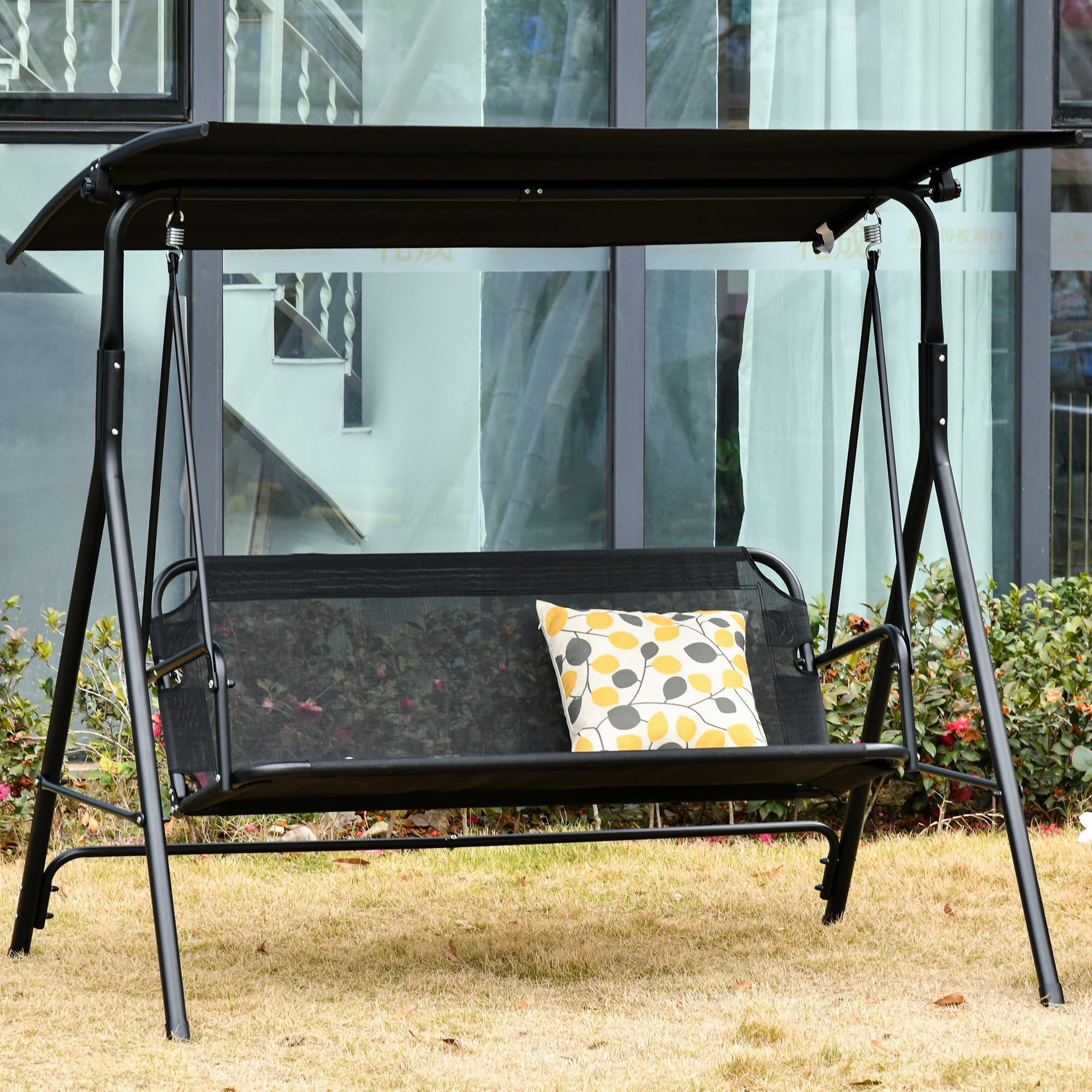 Outsunny 2 Person Porch Swing Chair 2 Seater Patio Swing Bench with Adjustable Canopy Breathable Seat for Garden Poolside Black | Aosom Canada