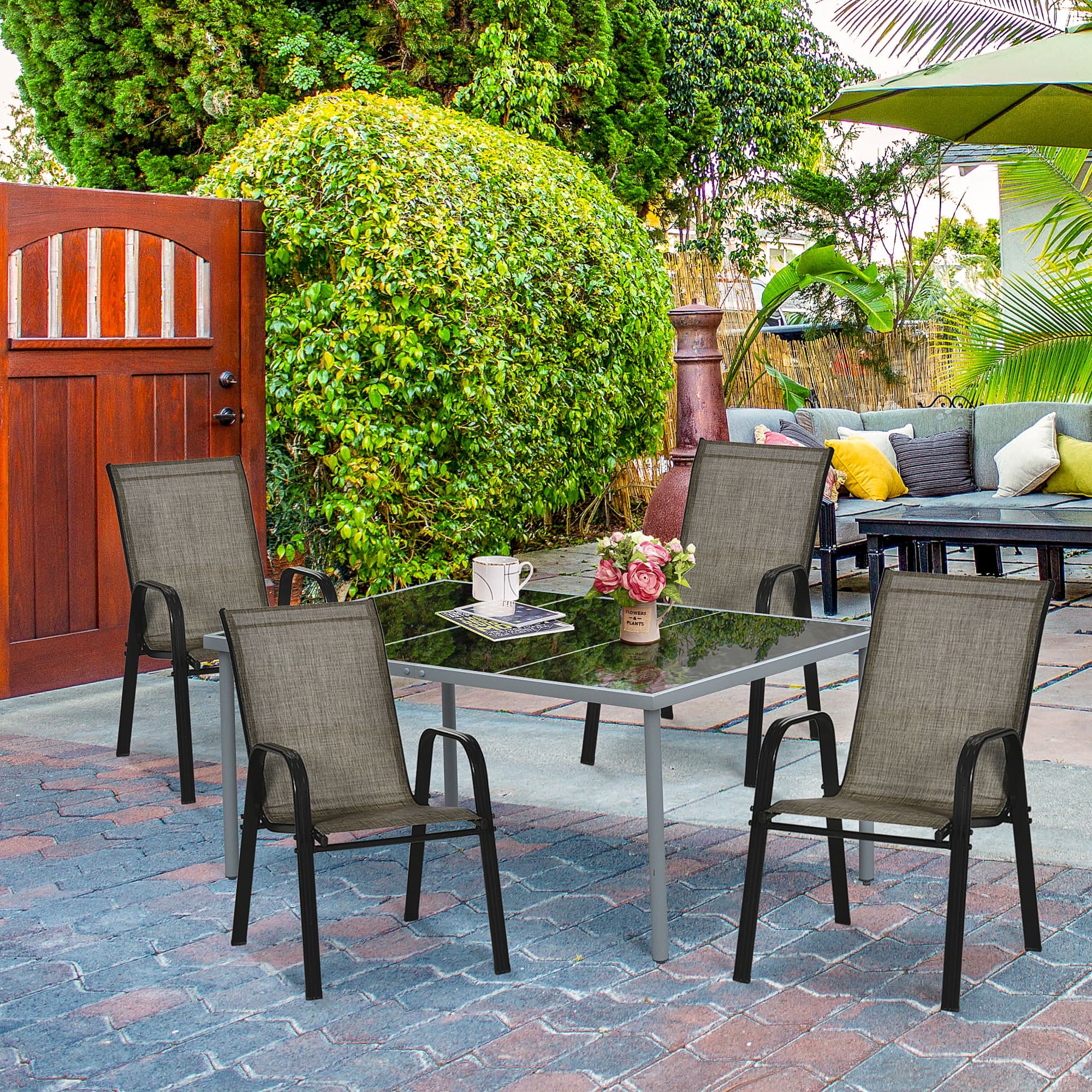 Outsunny Set of 4 Outdoor Dining Chairs, Heavy Duty Stackable Patio Dining Set with Armrests for Balcony Garden, Brown and Black | Aosom Canada