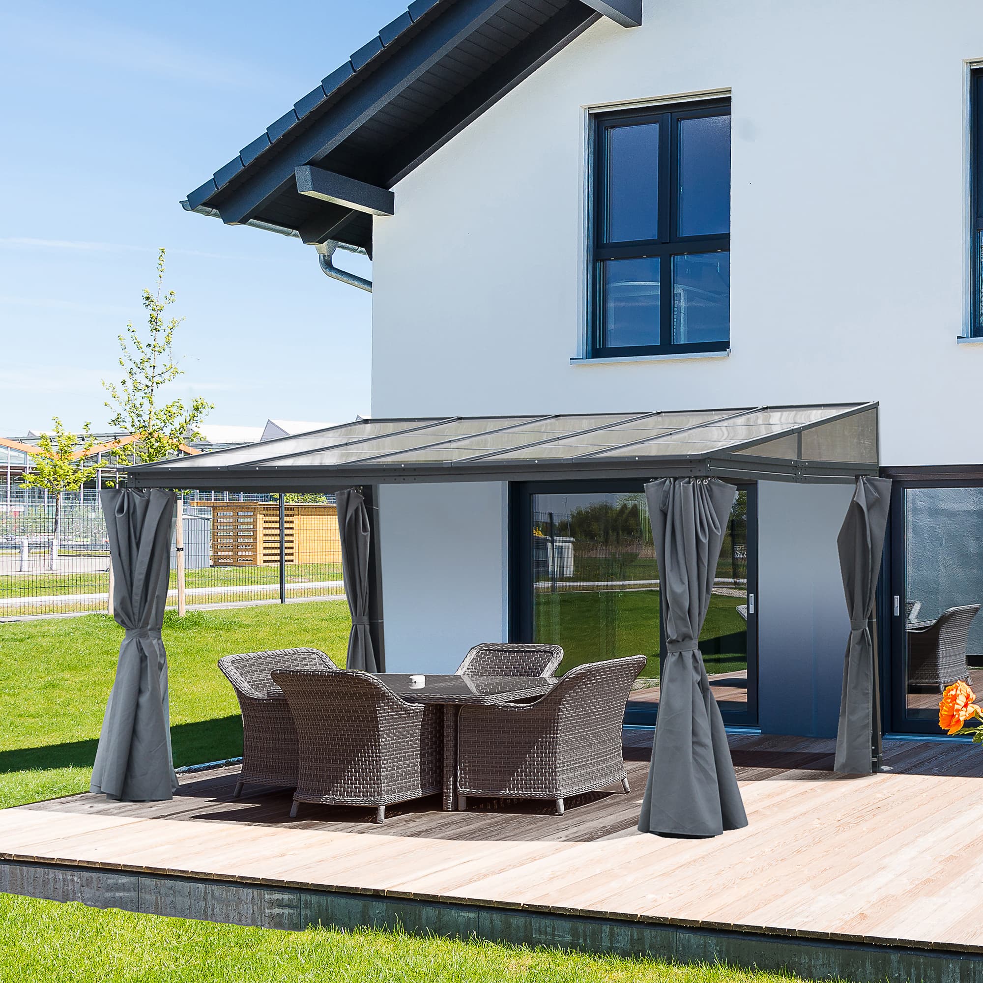 Outsunny Outdoor Hardtop Pergola 13' x 9.7' PC Roof Gazebo Party Tent Garden Sun Shelter Waterproof UV protection with Curtains | Aosom Canada