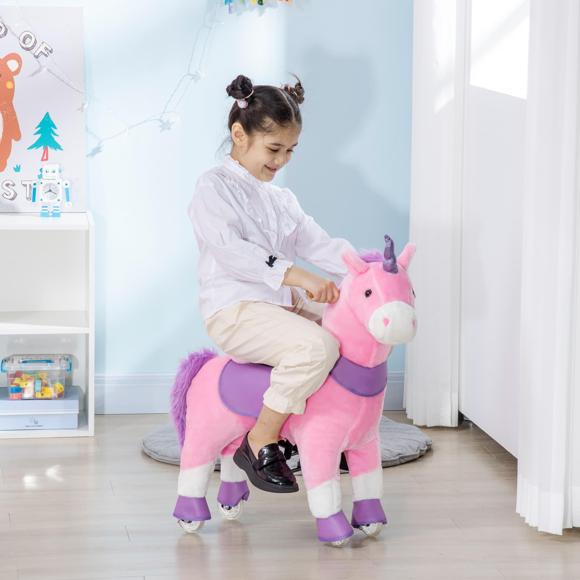 Qaba Pink Unicorn Walking Horse - Mechanical Ride On Pony Toy with Wheels, Ideal Gift for 3-6 Years, Girls & Boys | Aosom Canada